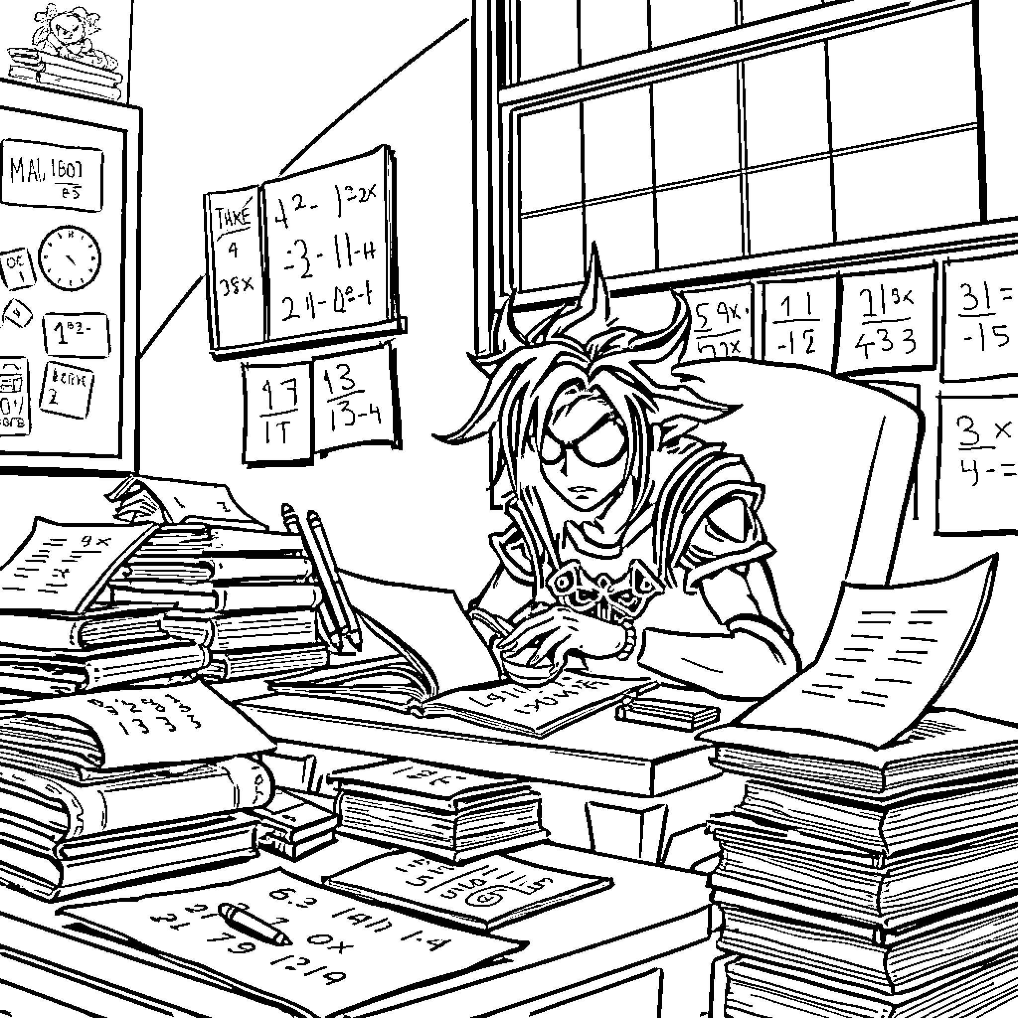 Ash studying diligently in the classroom Coloring Page (free black-and-white line drawing printable PDF for all, from beginners to advanced learners, including children, teens, adults, and seniors)