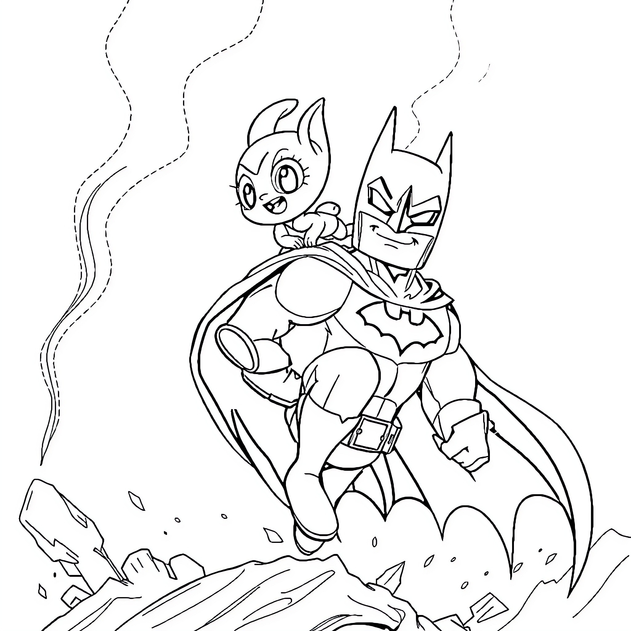 Bluey and Bat Superhero Adventure Coloring Page (free black-and-white line drawing printable PDF for all, from beginners to advanced learners, including children, teens, adults, and seniors)