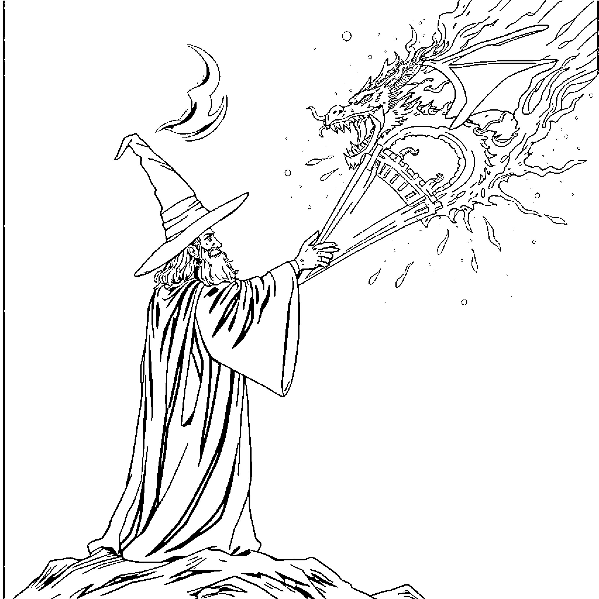 Wizard summoning powerful dragon against the night sky Coloring Page (free black-and-white line drawing printable PDF for all, from beginners to advanced learners, including children, teens, adults, and seniors)