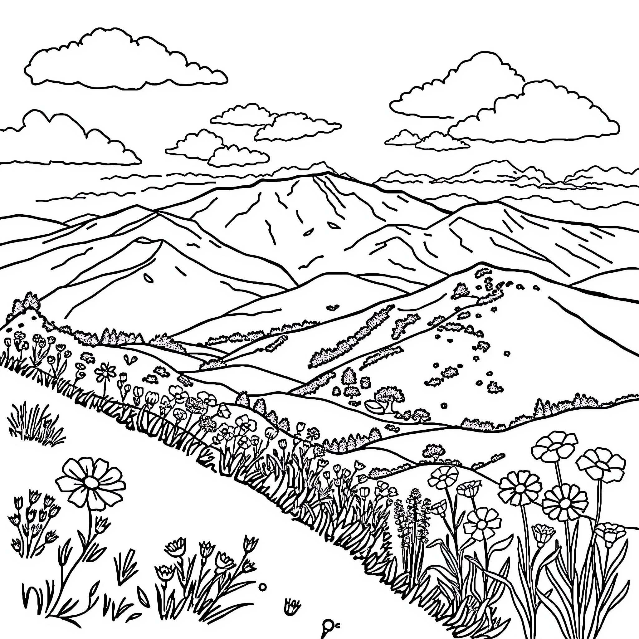 Hill with Scenic Landscape and Floral Details Coloring Page (free black-and-white line drawing printable PDF for all, from beginners to advanced learners, including children, teens, adults, and seniors)