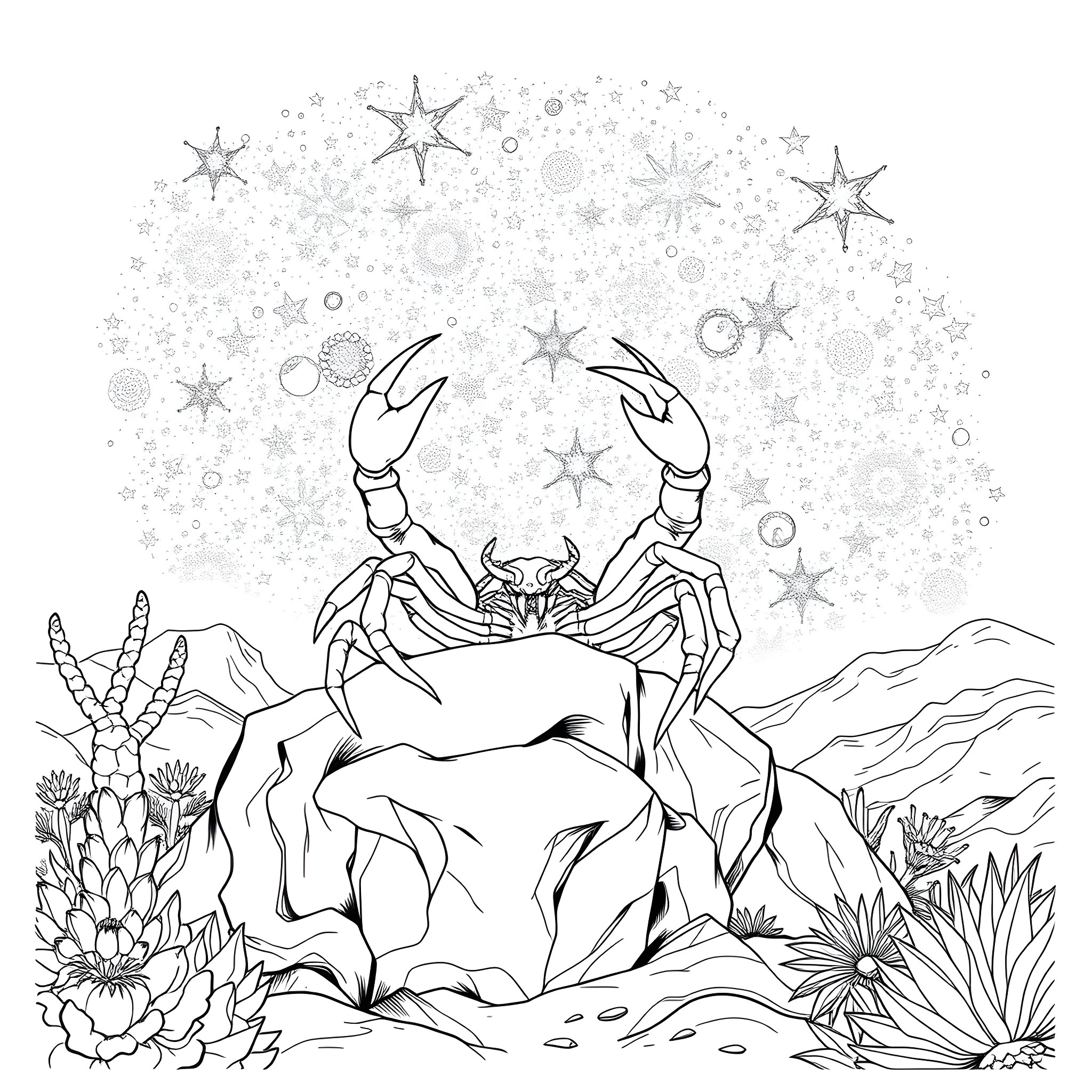 Scorpio crab among cosmic stars and flowers Coloring Page (free black-and-white line drawing printable PDF for all, from beginners to advanced learners, including children, teens, adults, and seniors)