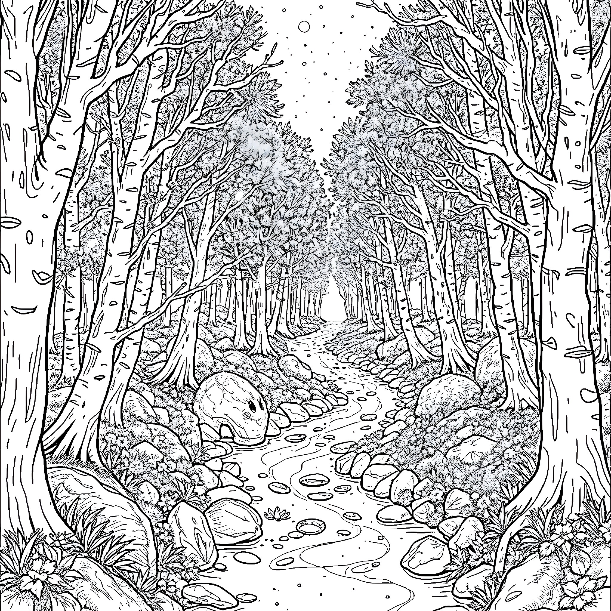 Forest Path in Winter Wonderland Coloring Page (free black-and-white line drawing printable PDF for all, from beginners to advanced learners, including children, teens, adults, and seniors)