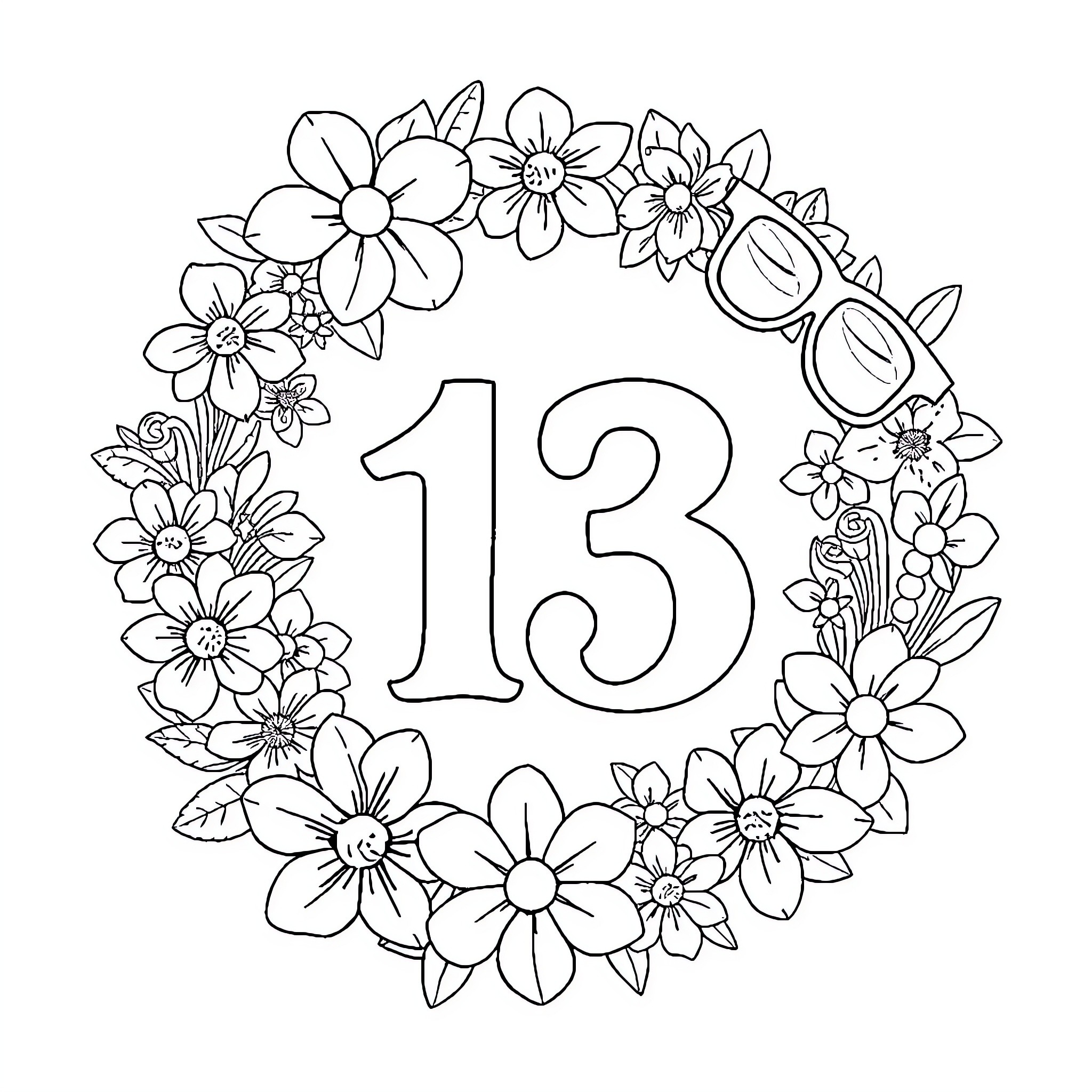 Number 13 Surrounded by Floral Wreath Coloring Page (free black-and-white line drawing printable PDF for all, from beginners to advanced learners, including children, teens, adults, and seniors)