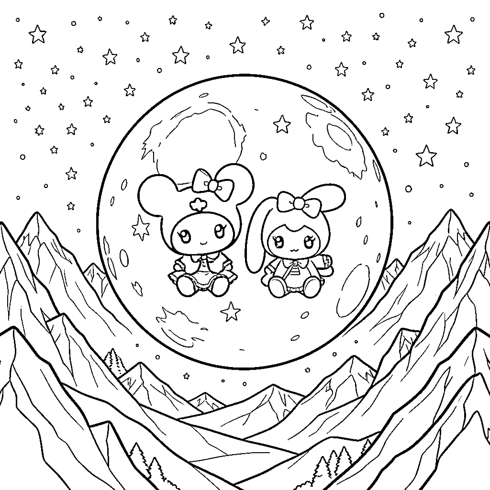 Kuromi and friends exploring the starry night sky Coloring Page (free black-and-white line drawing printable PDF for all, from beginners to advanced learners, including children, teens, adults, and seniors)