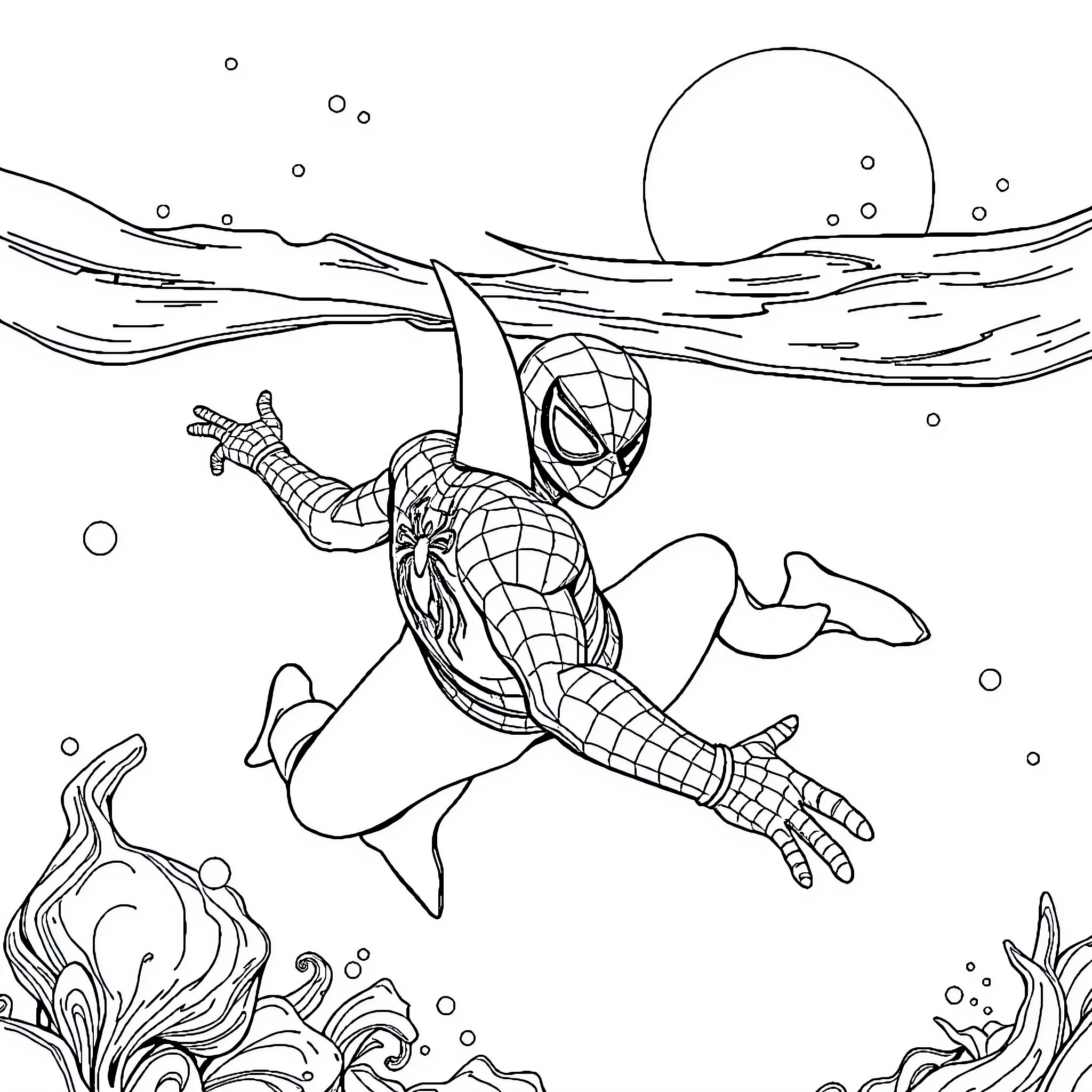 Spiderman swinging underwater in an aquatic scene Coloring Page (free black-and-white line drawing printable PDF for all, from beginners to advanced learners, including children, teens, adults, and seniors)