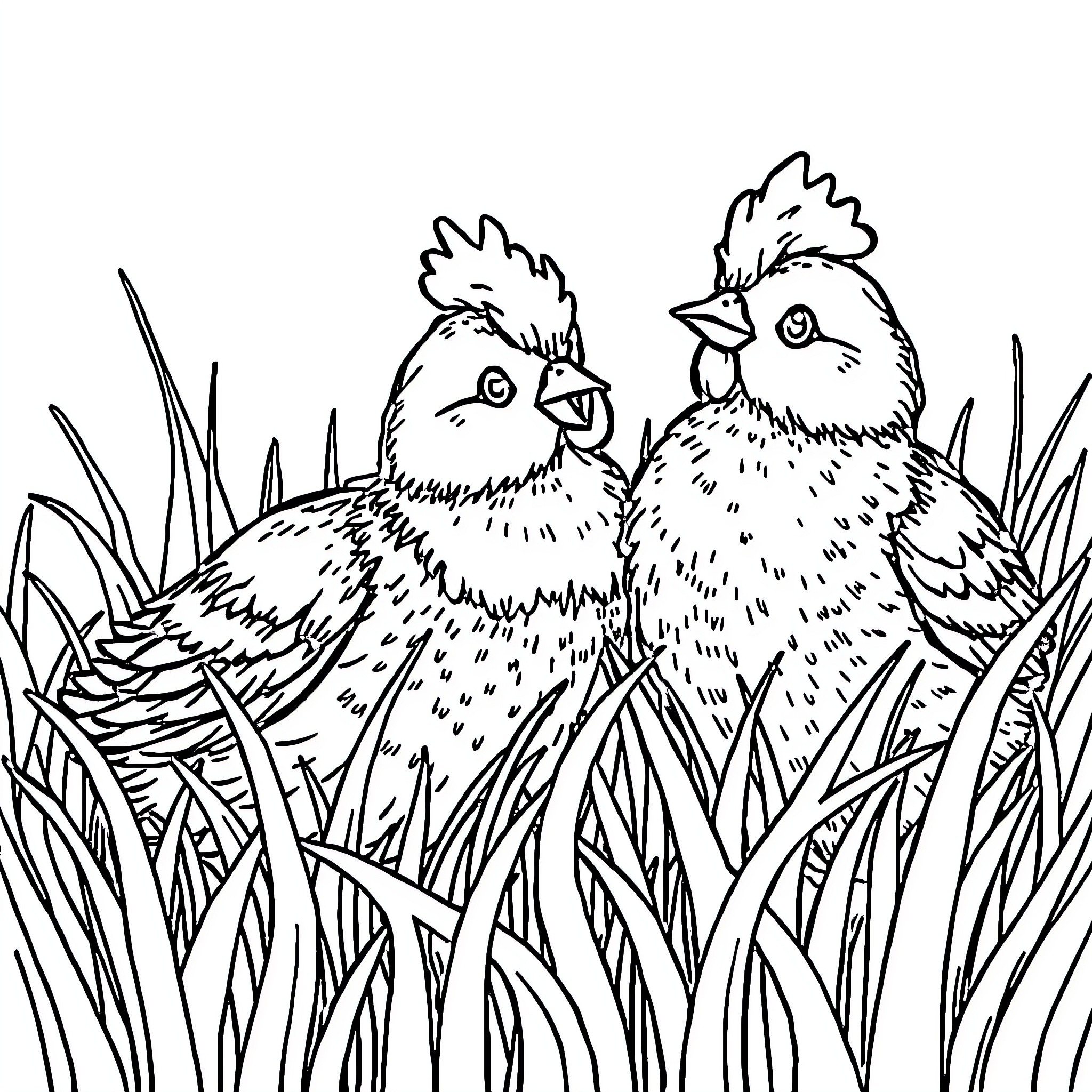 Duckling companions resting in tall grass Coloring Page (free black-and-white line drawing printable PDF for all, from beginners to advanced learners, including children, teens, adults, and seniors)