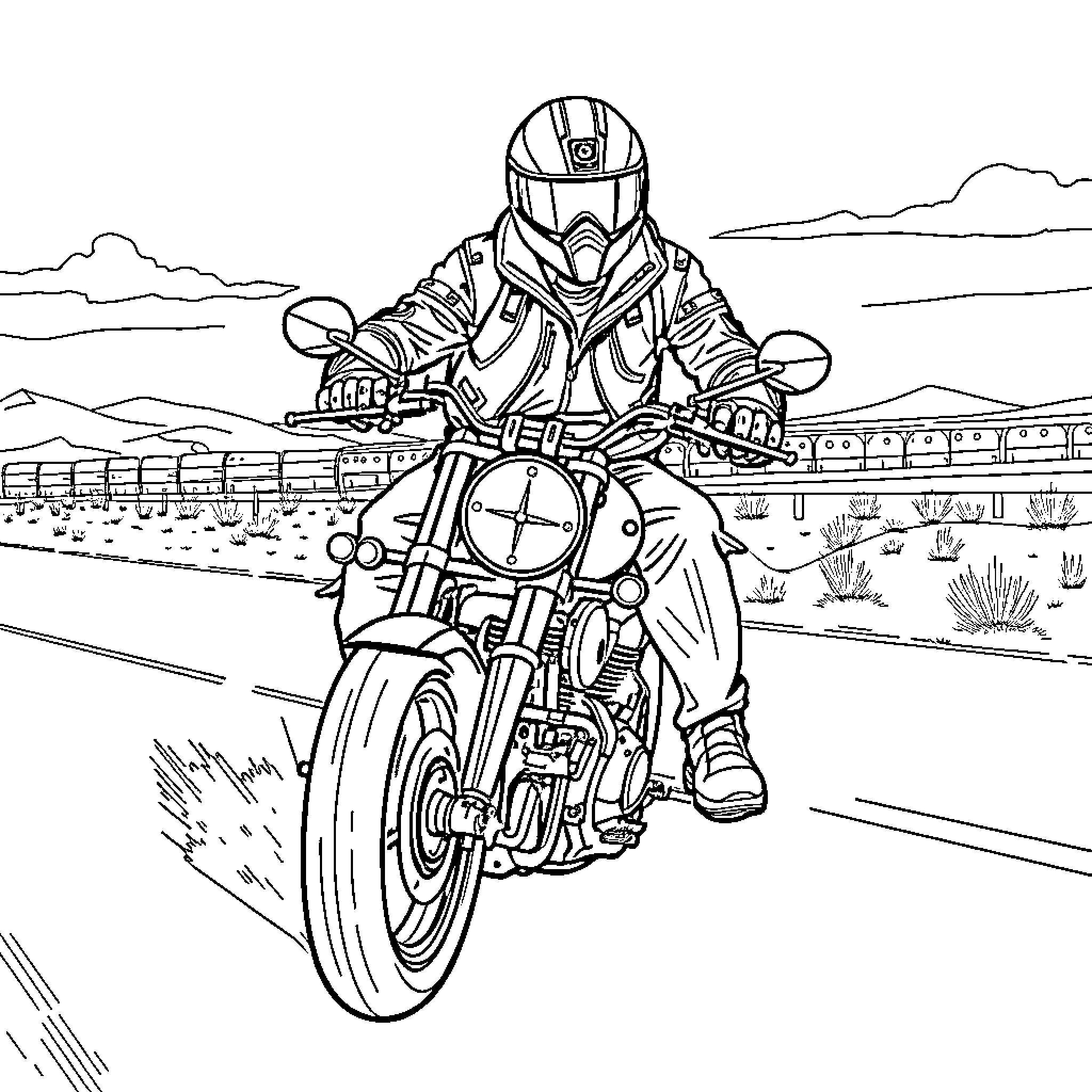 Wolf riding motorcycle on desert highway Coloring Page (free black-and-white line drawing printable PDF for all, from beginners to advanced learners, including children, teens, adults, and seniors)