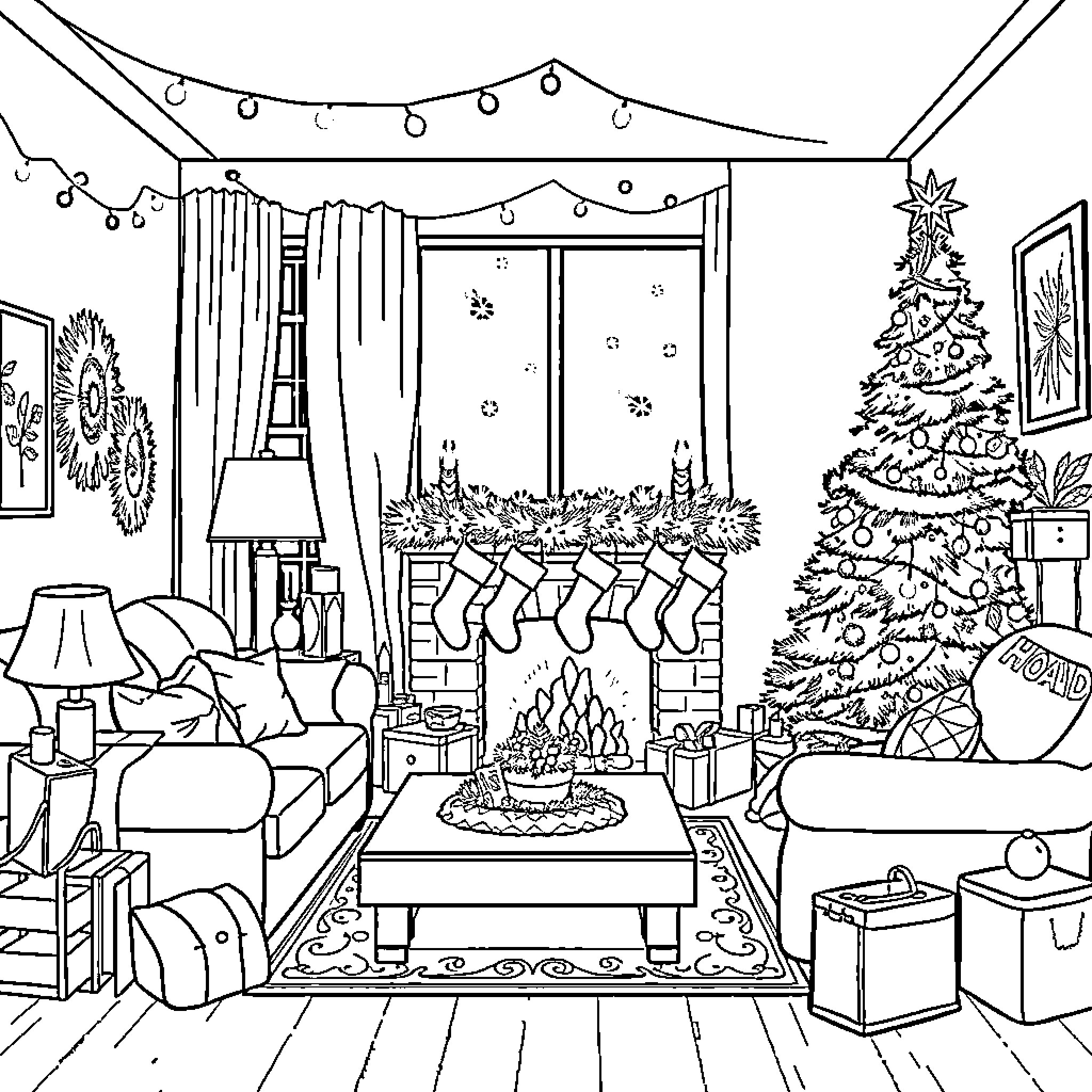 90s Christmas scene with cozy living room décor Coloring Page (free black-and-white line drawing printable PDF for all, from beginners to advanced learners, including children, teens, adults, and seniors)