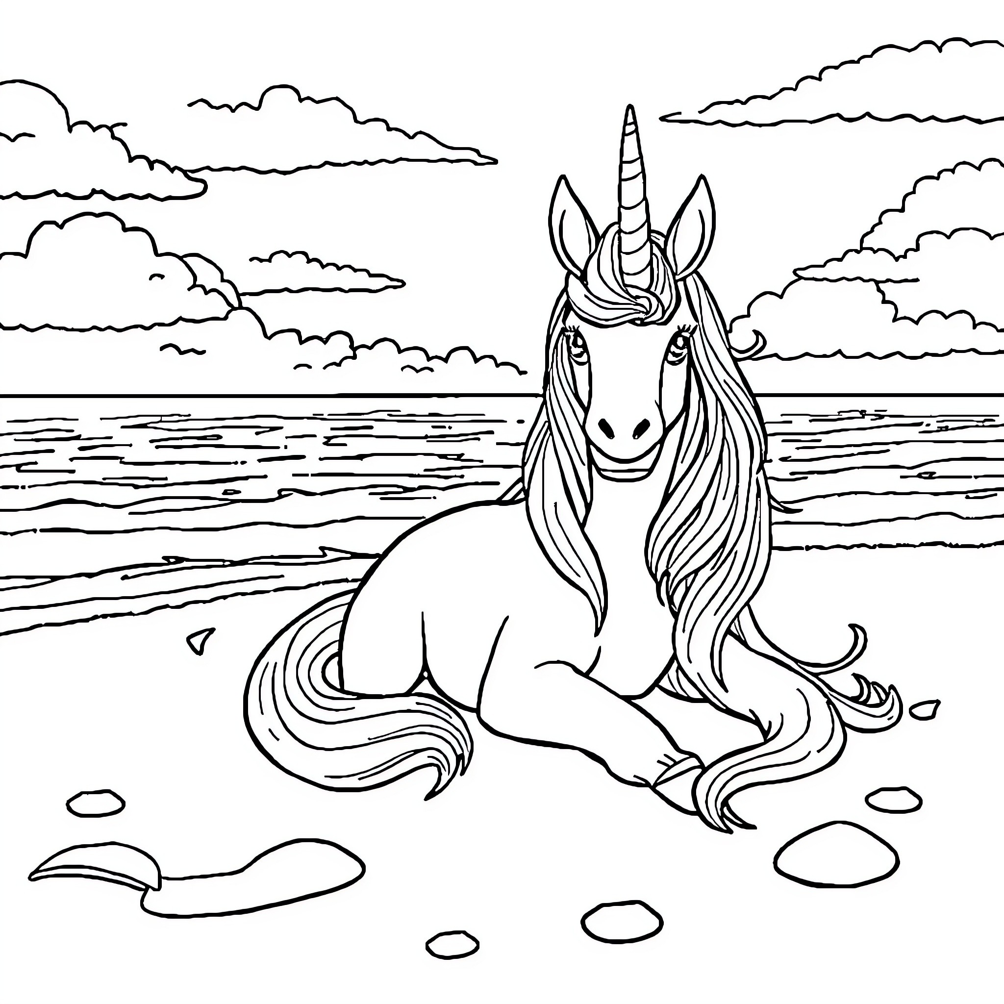 Unicorn relaxing by the serene lake Coloring Page (free black-and-white line drawing printable PDF for all, from beginners to advanced learners, including children, teens, adults, and seniors)