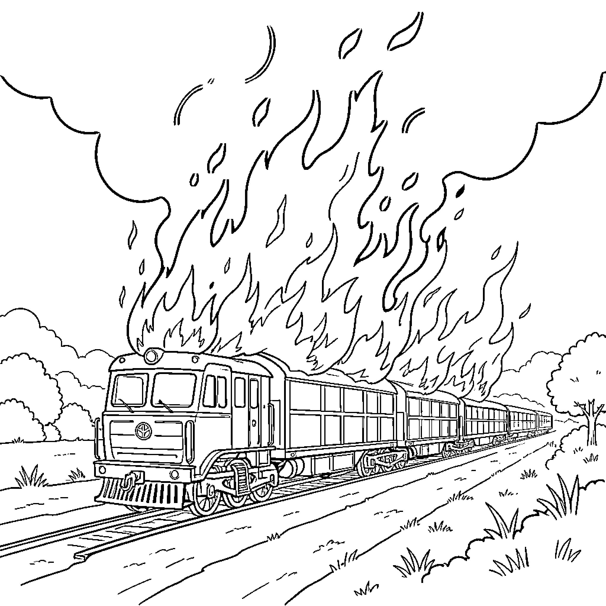 Convoy of Fiery Train Engines on the Move Coloring Page (free black-and-white line drawing printable PDF for all, from beginners to advanced learners, including children, teens, adults, and seniors)