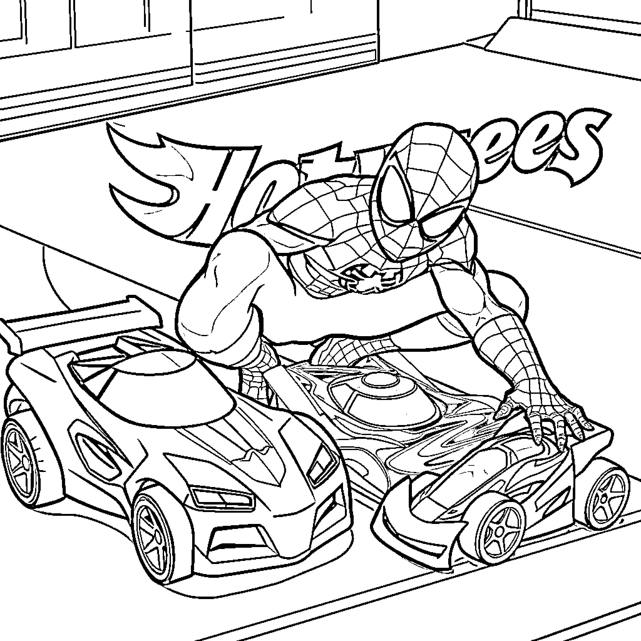 Spiderman driving a sports car Coloring Page (free black-and-white line drawing printable PDF for all, from beginners to advanced learners, including children, teens, adults, and seniors)