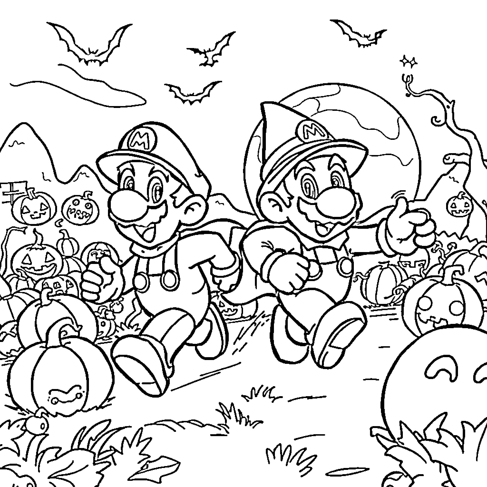 Super Mario Brothers Halloween Adventure Coloring Page (free black-and-white line drawing printable PDF for all, from beginners to advanced learners, including children, teens, adults, and seniors)
