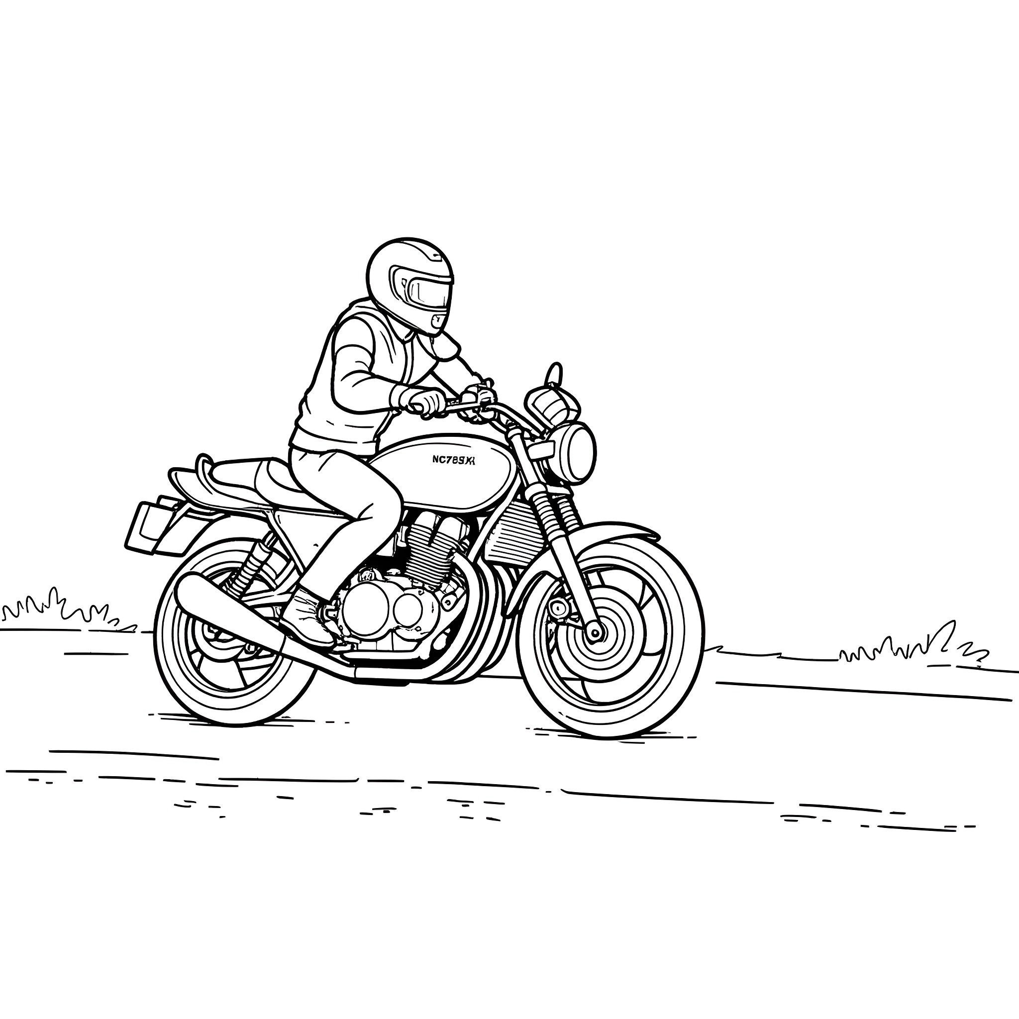 Honda NC750X rider on the open road Coloring Page (free black-and-white line drawing printable PDF for all, from beginners to advanced learners, including children, teens, adults, and seniors)