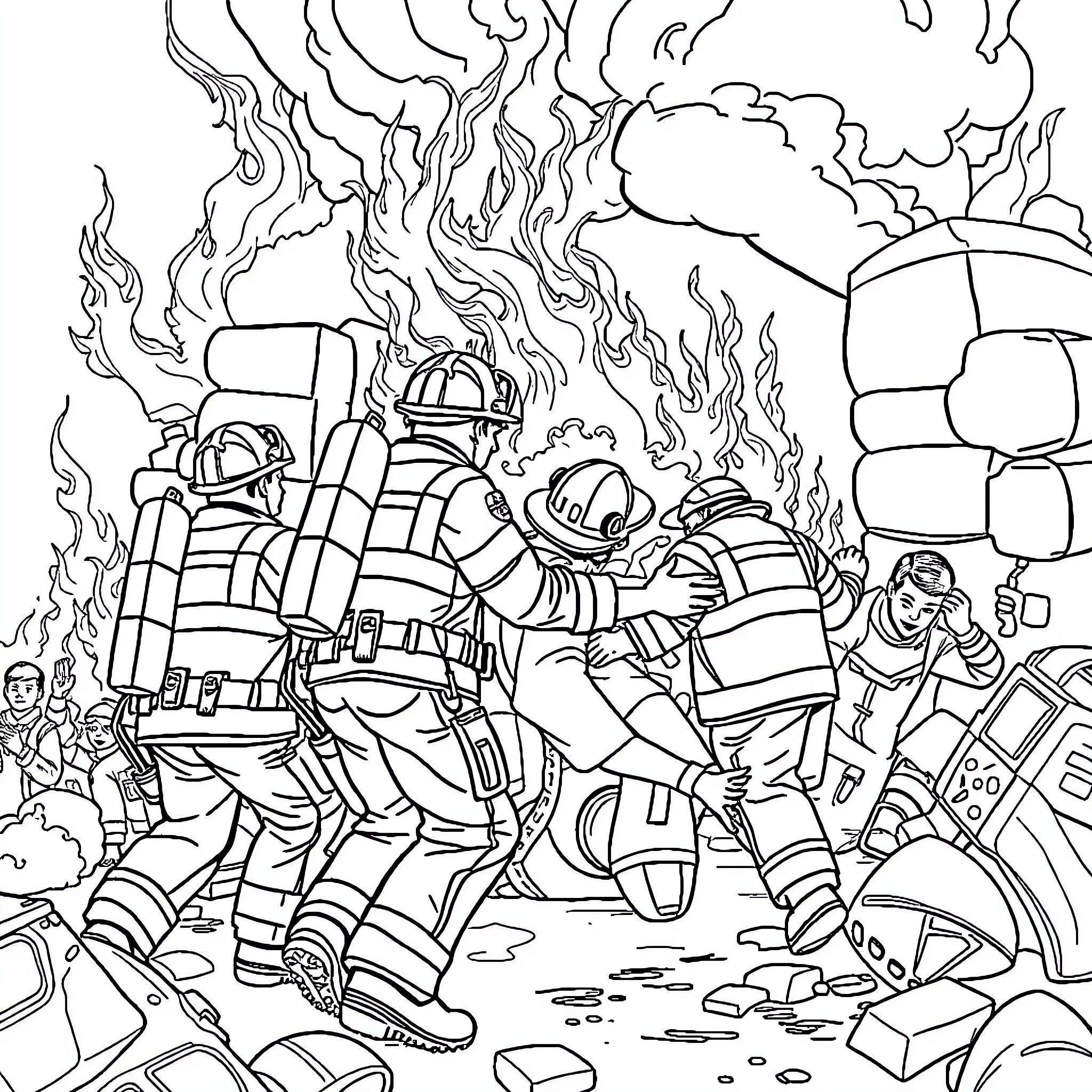 Paramedics responding to emergency scene Coloring Page (free black-and-white line drawing printable PDF for all, from beginners to advanced learners, including children, teens, adults, and seniors)