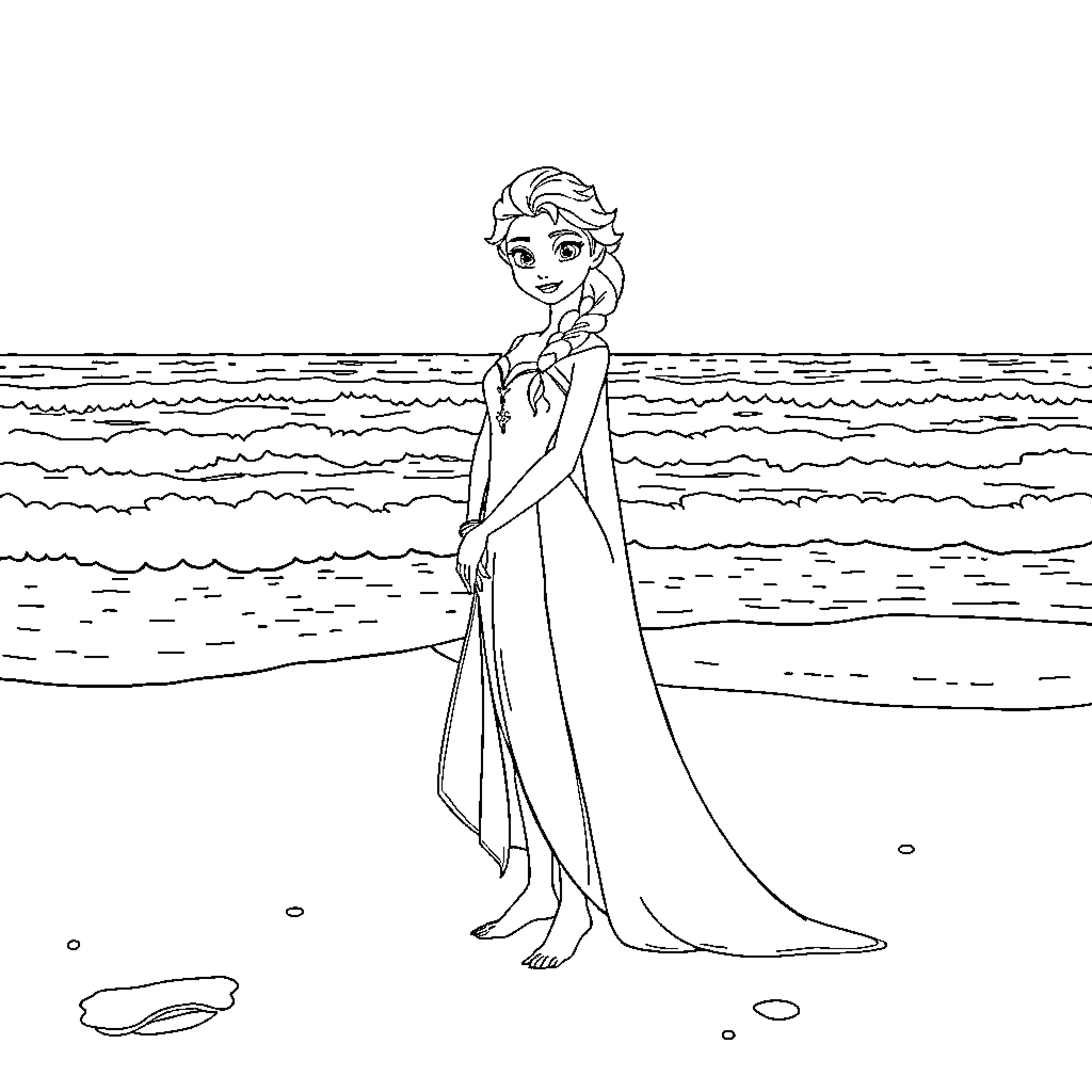 Elsa enjoying a peaceful moment by the sea Coloring Page (free black-and-white line drawing printable PDF for all, from beginners to advanced learners, including children, teens, adults, and seniors)