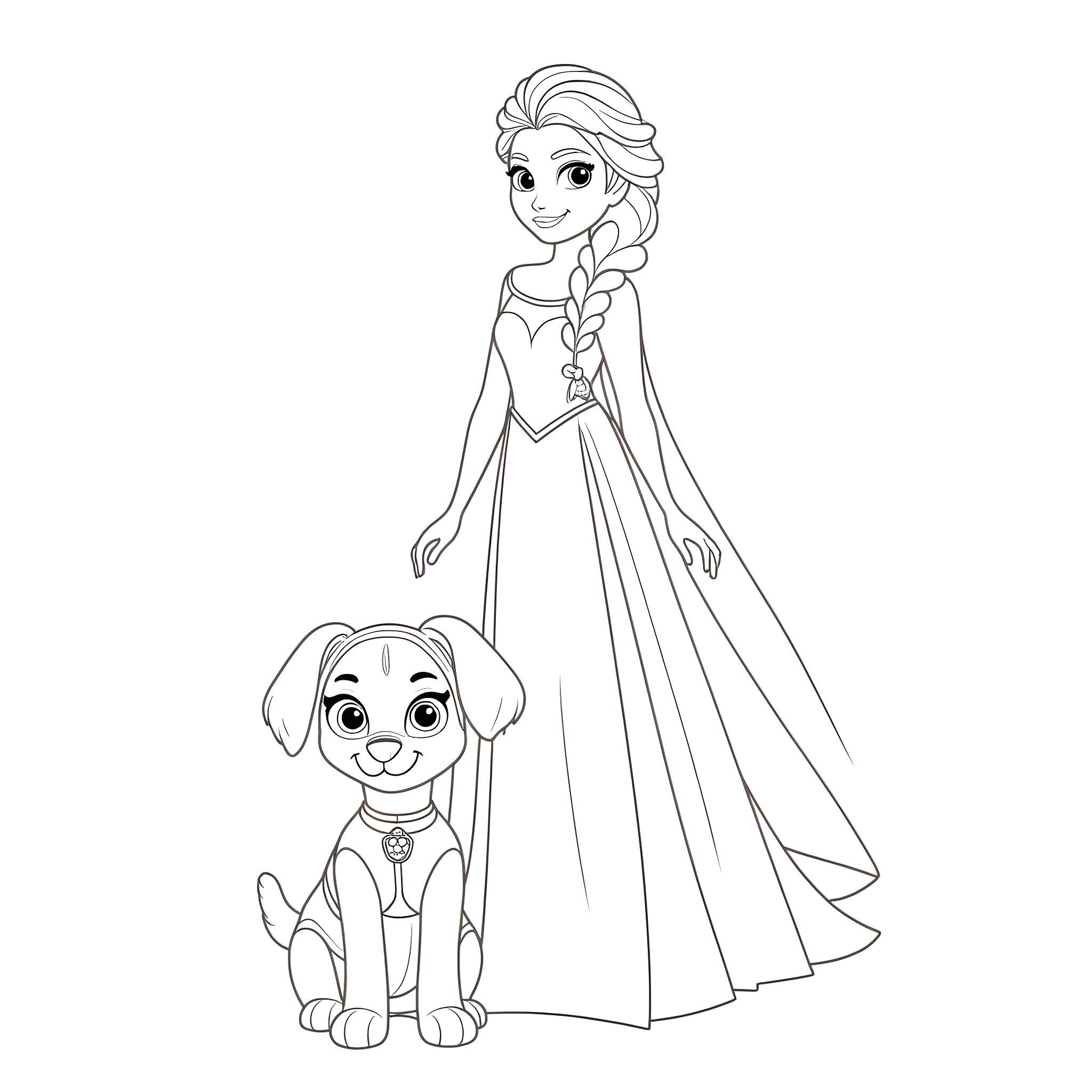 Princess with her Loyal Companion Coloring Page (free black-and-white line drawing printable PDF for all, from beginners to advanced learners, including children, teens, adults, and seniors)