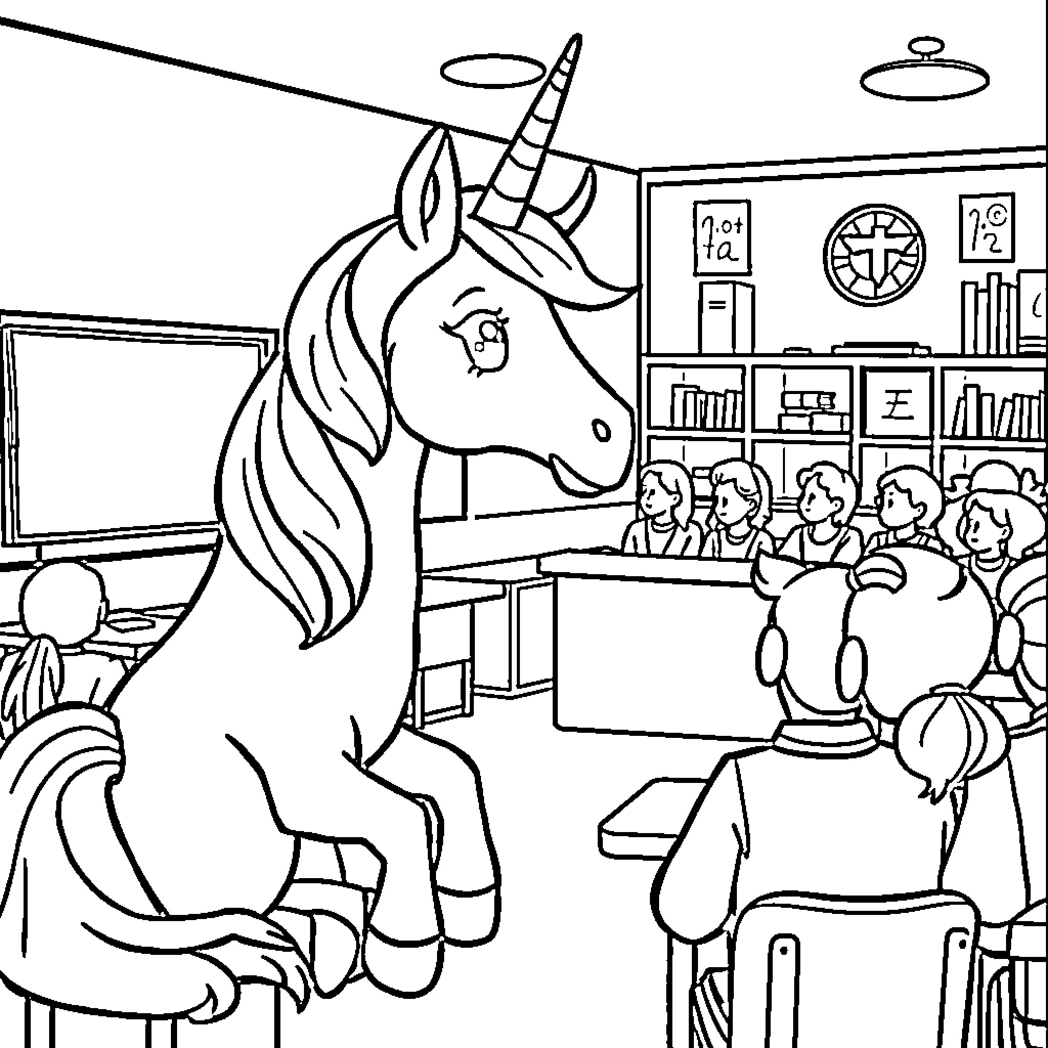 Unicorn in the Classroom Coloring Page (free black-and-white line drawing printable PDF for all, from beginners to advanced learners, including children, teens, adults, and seniors)