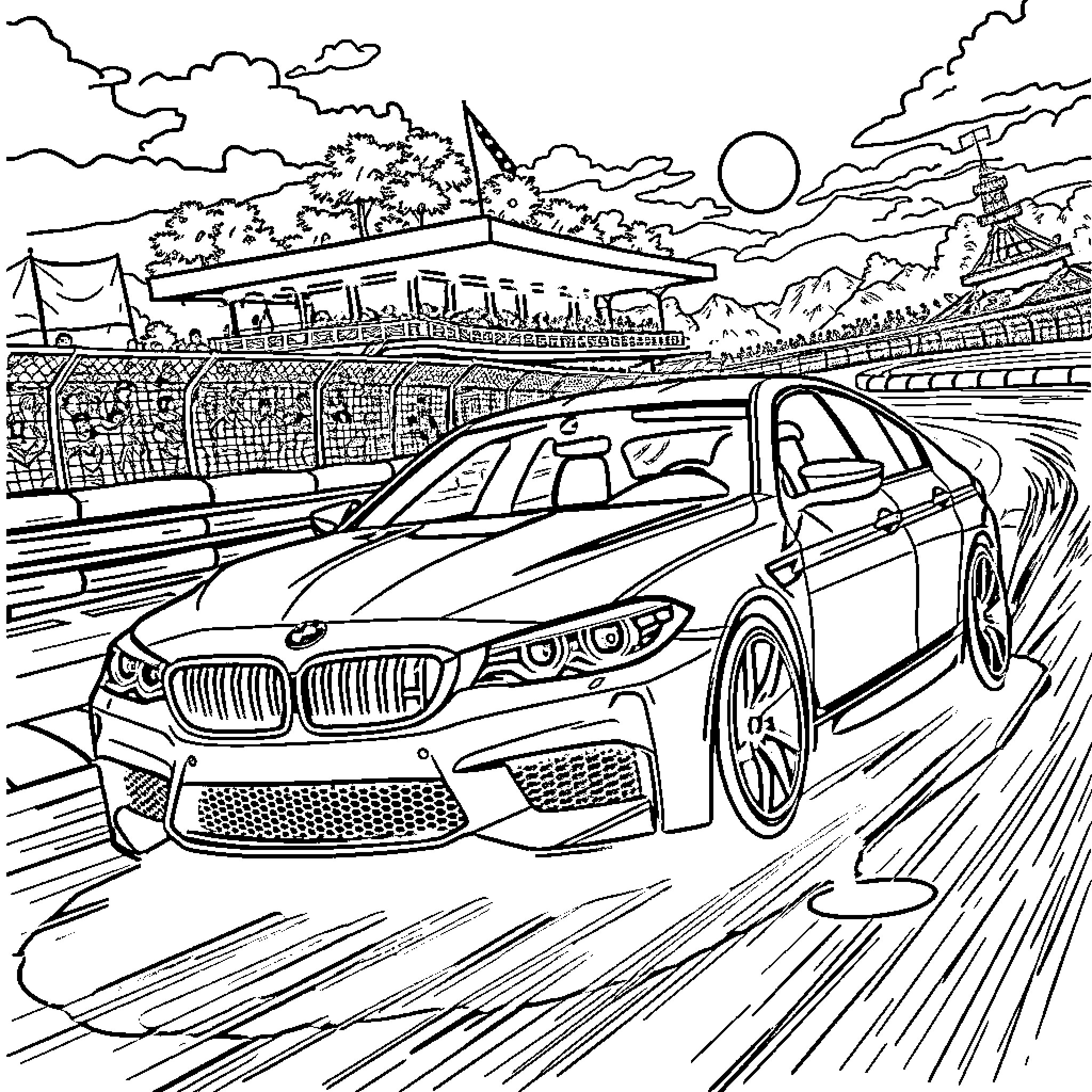 BMW M5 speeding through a scenic cityscape Coloring Page (free black-and-white line drawing printable PDF for all, from beginners to advanced learners, including children, teens, adults, and seniors)