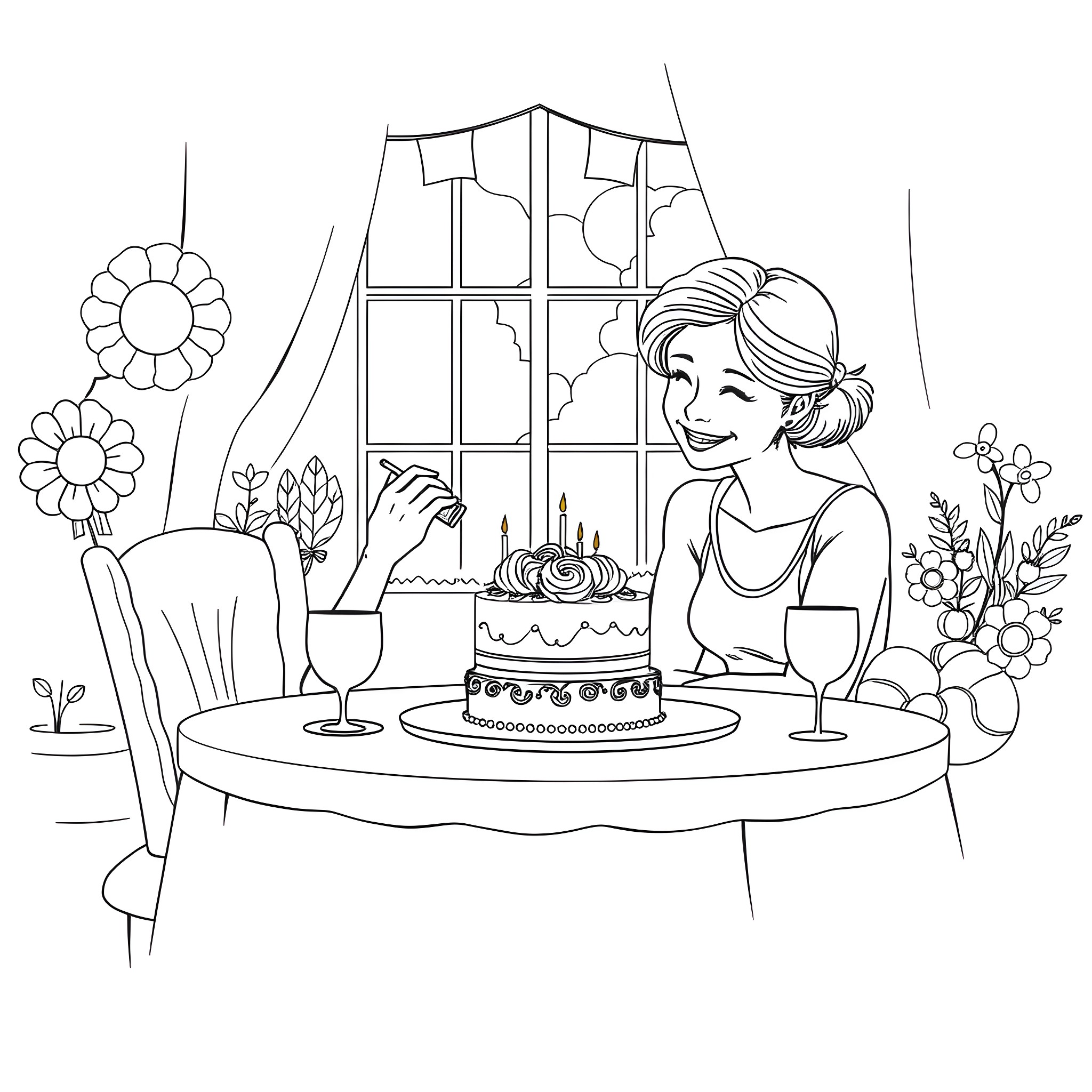 Mom celebrating birthday with cake and flowers Coloring Page (free black-and-white line drawing printable PDF for all, from beginners to advanced learners, including children, teens, adults, and seniors)