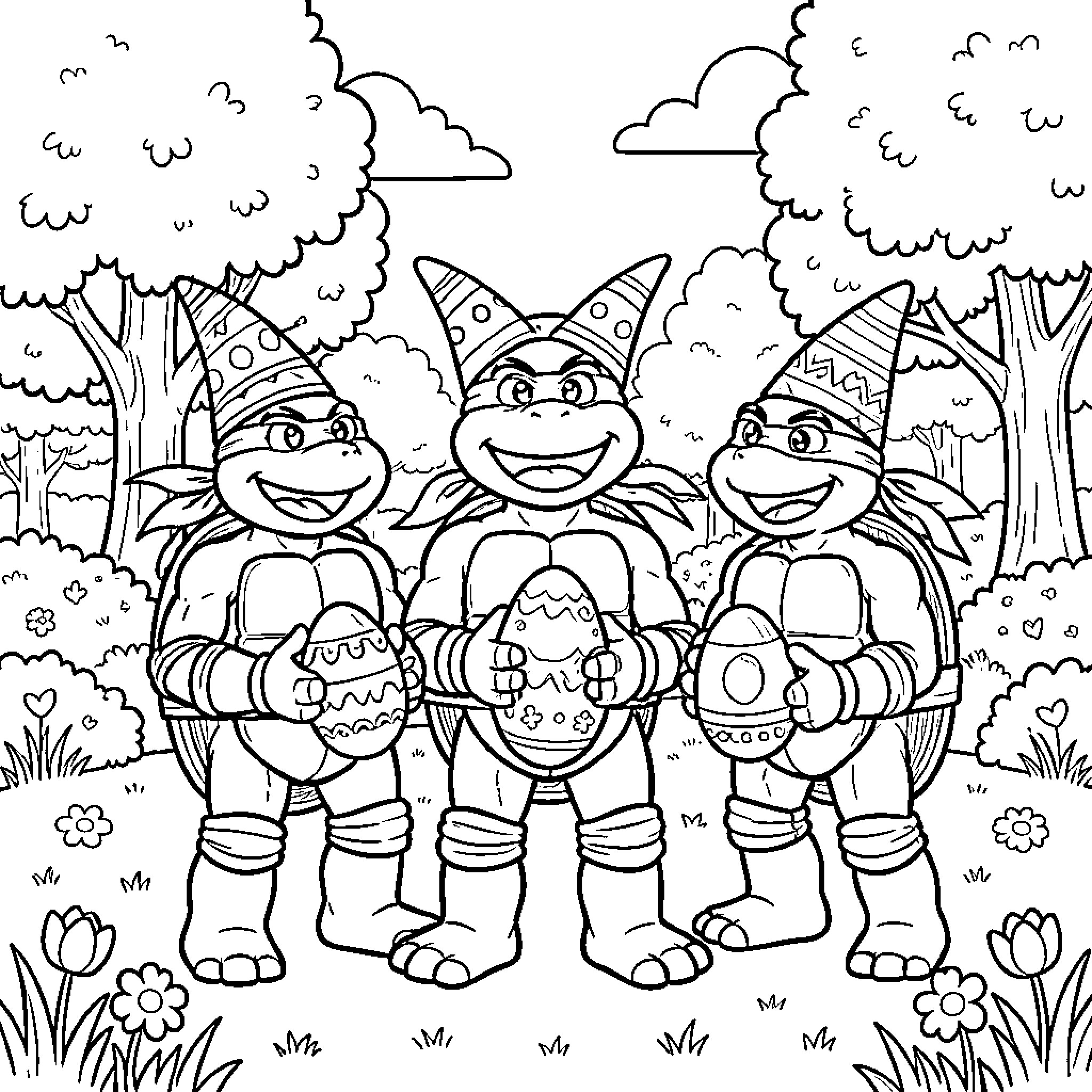 Teenage Mutant Ninja Turtles in a colorful forest scene Coloring Page (free black-and-white line drawing printable PDF for all, from beginners to advanced learners, including children, teens, adults, and seniors)