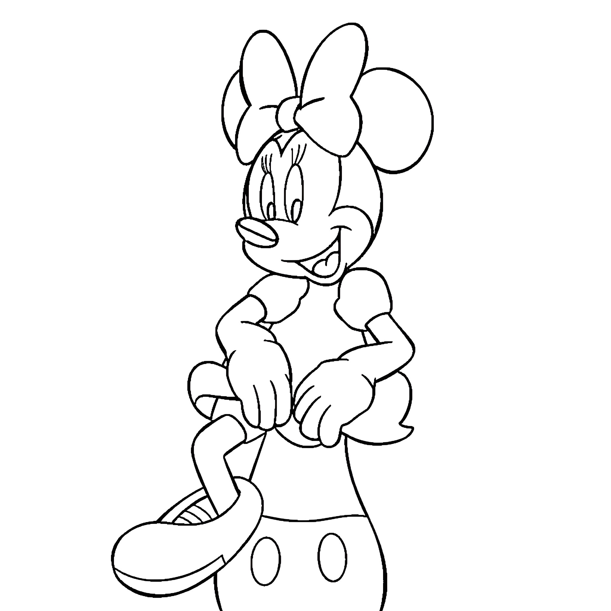 Minnie playing joyfully with herself Coloring Page (free black-and-white line drawing printable PDF for all, from beginners to advanced learners, including children, teens, adults, and seniors)