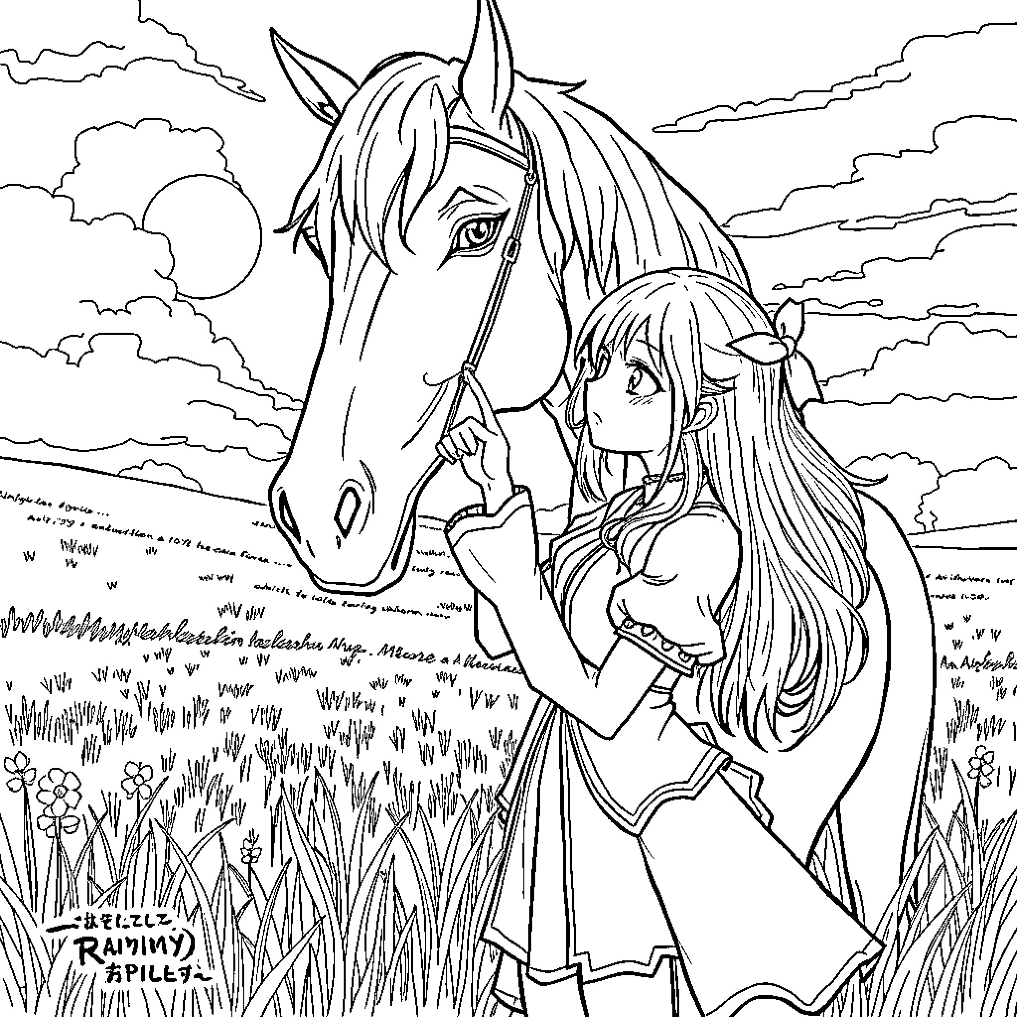 Rumy's Journey with a Loyal Equine Companion Coloring Page (free black-and-white line drawing printable PDF for all, from beginners to advanced learners, including children, teens, adults, and seniors)