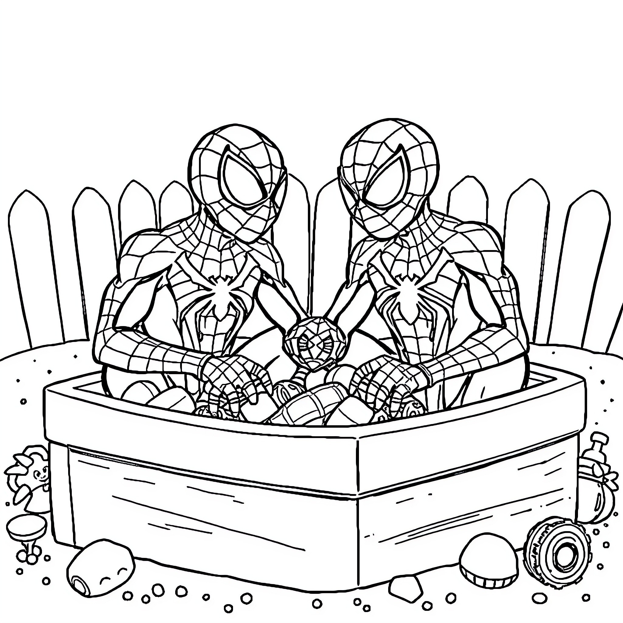 Spiderman heroes in action with toys Coloring Page (free black-and-white line drawing printable PDF for all, from beginners to advanced learners, including children, teens, adults, and seniors)