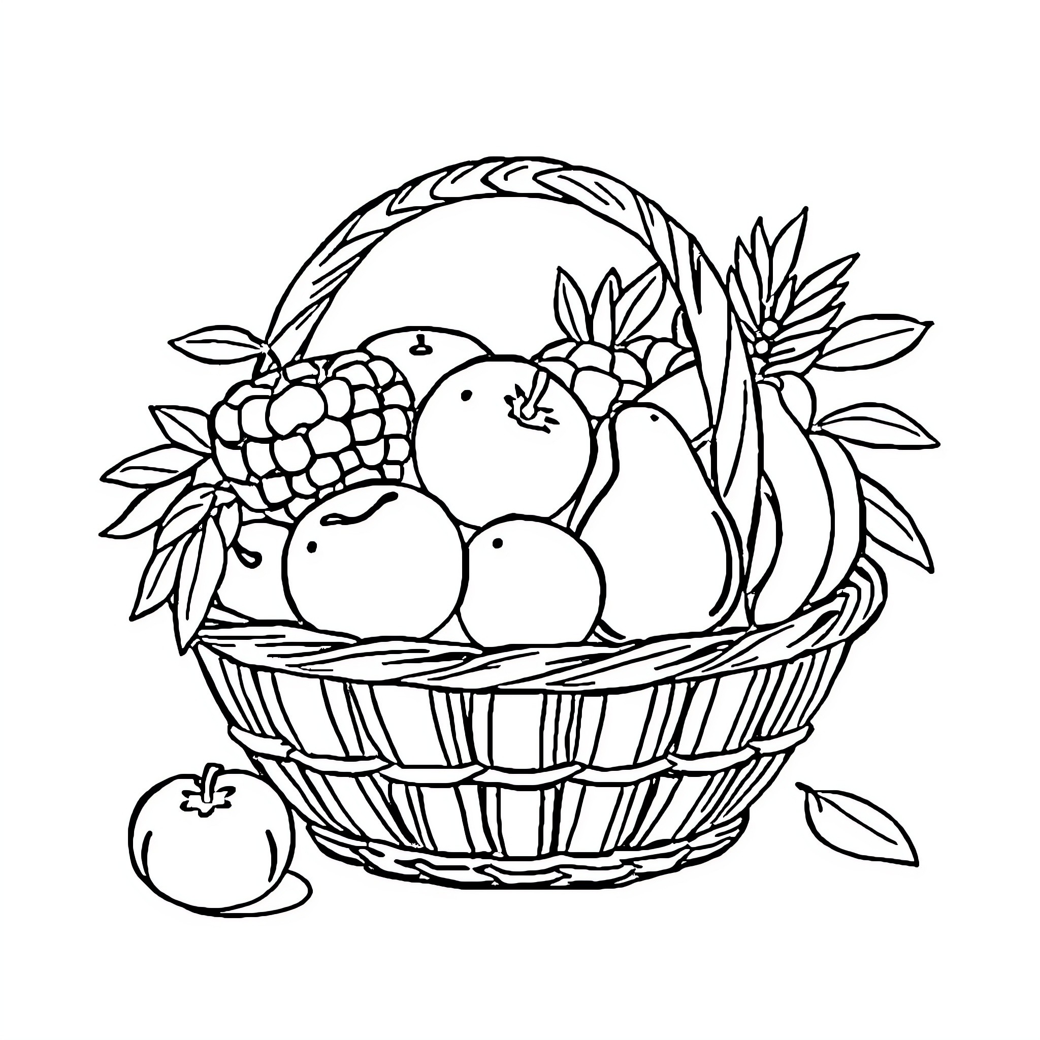 Fruit basket filled with assorted produce Coloring Page (free black-and-white line drawing printable PDF for all, from beginners to advanced learners, including children, teens, adults, and seniors)