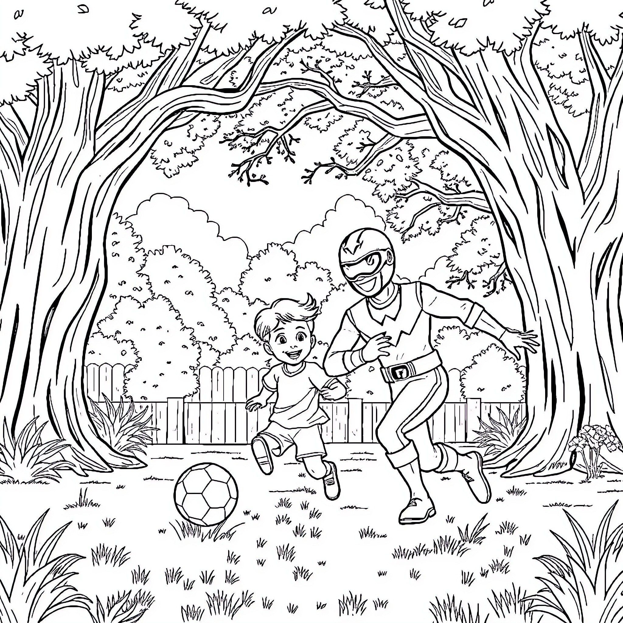 Red Ranger Plays Soccer with Friend in Forest Coloring Page (free black-and-white line drawing printable PDF for all, from beginners to advanced learners, including children, teens, adults, and seniors)