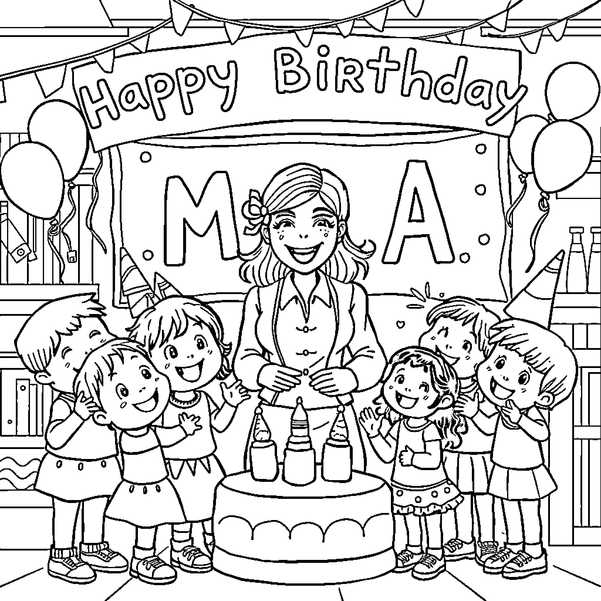 Teacher Celebrating Birthday with Students in Classroom Coloring Page (free black-and-white line drawing printable PDF for all, from beginners to advanced learners, including children, teens, adults, and seniors)