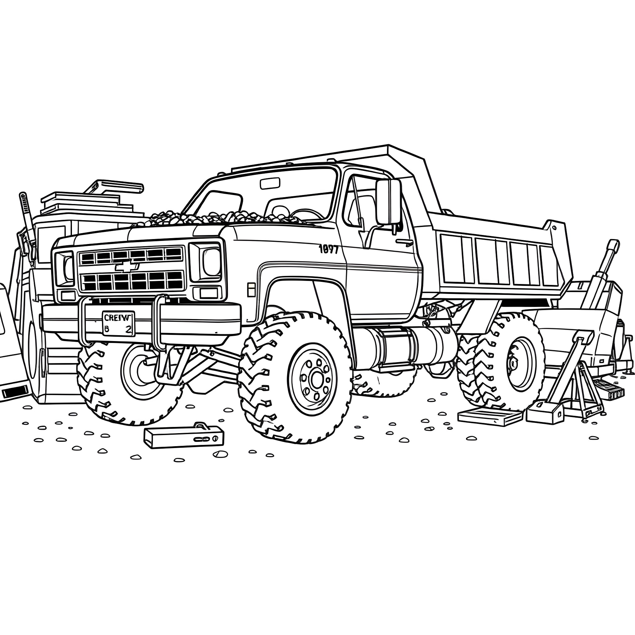 Chevy Dump Truck with Tools on Construction Site Coloring Page (free black-and-white line drawing printable PDF for all, from beginners to advanced learners, including children, teens, adults, and seniors)