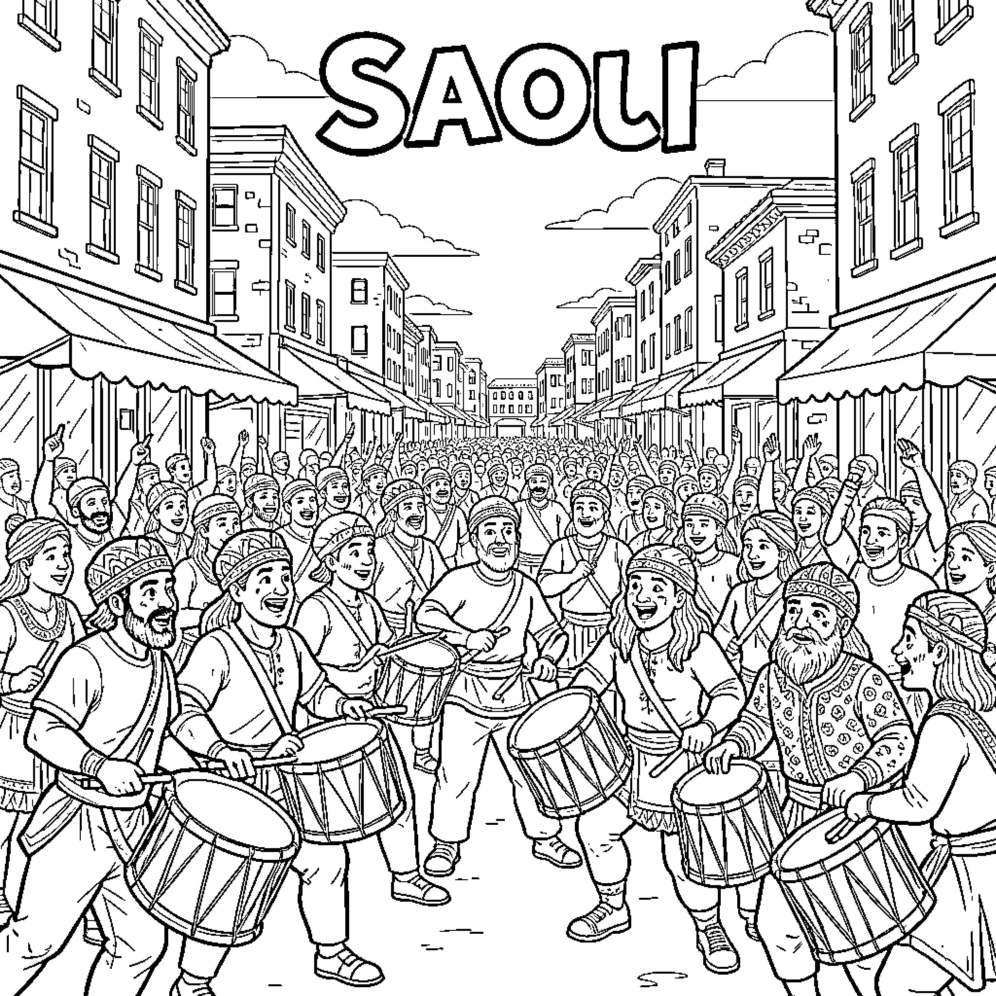Tum celebrating with drums in a crowded street Coloring Page (free black-and-white line drawing printable PDF for all, from beginners to advanced learners, including children, teens, adults, and seniors)