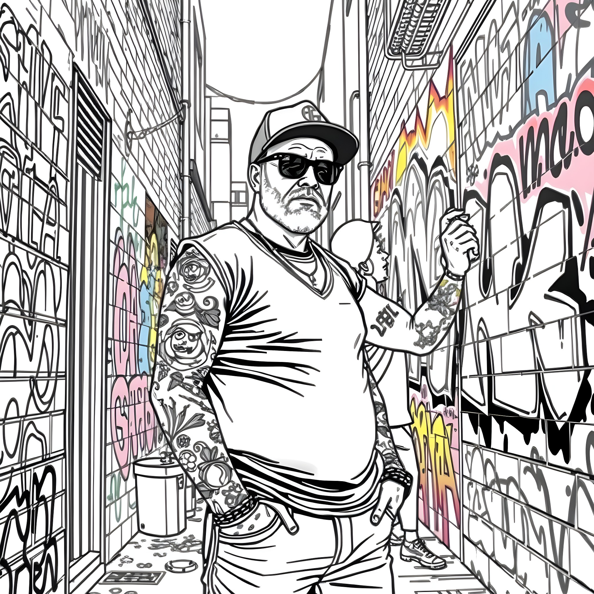Willis exploring the vibrant graffiti-covered alley Coloring Page (free black-and-white line drawing printable PDF for all, from beginners to advanced learners, including children, teens, adults, and seniors)