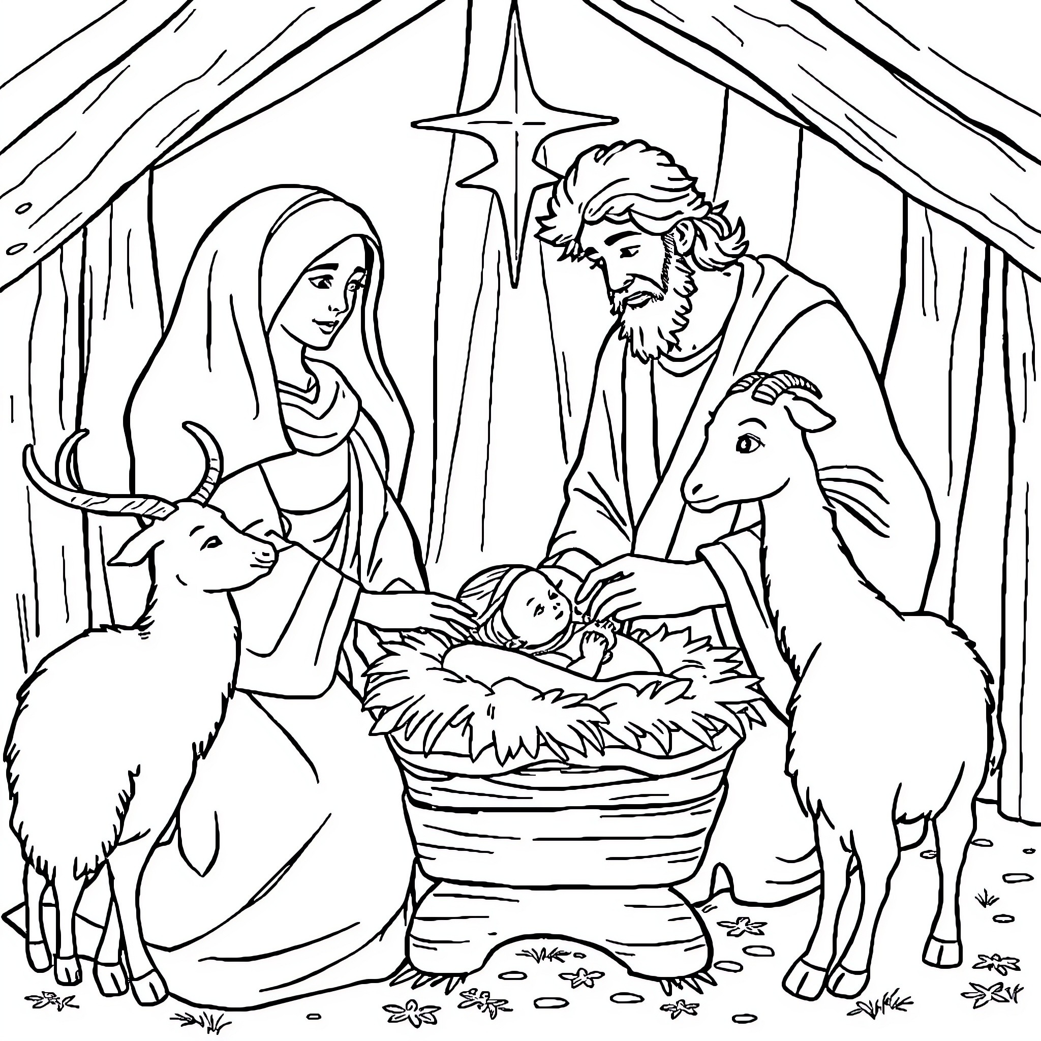 Jesus' Birth in the Manger with Mary and Joseph Coloring Page (free black-and-white line drawing printable PDF for all, from beginners to advanced learners, including children, teens, adults, and seniors)