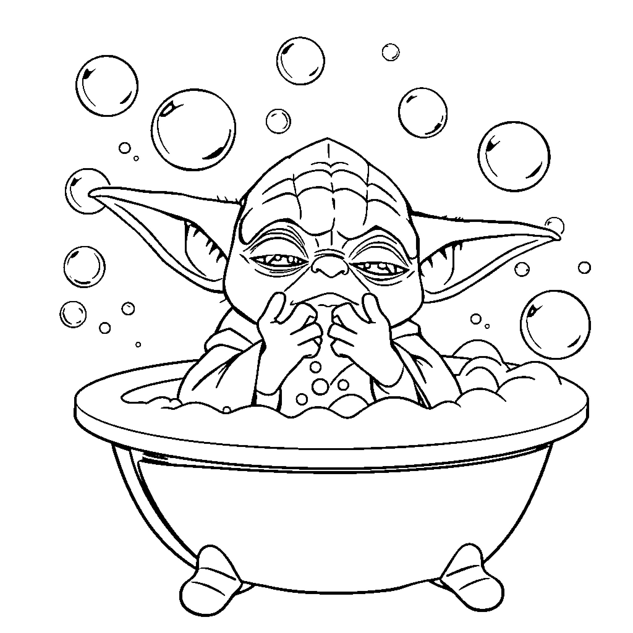 Yoda relaxing in a bubble bath Coloring Page (free black-and-white line drawing printable PDF for all, from beginners to advanced learners, including children, teens, adults, and seniors)