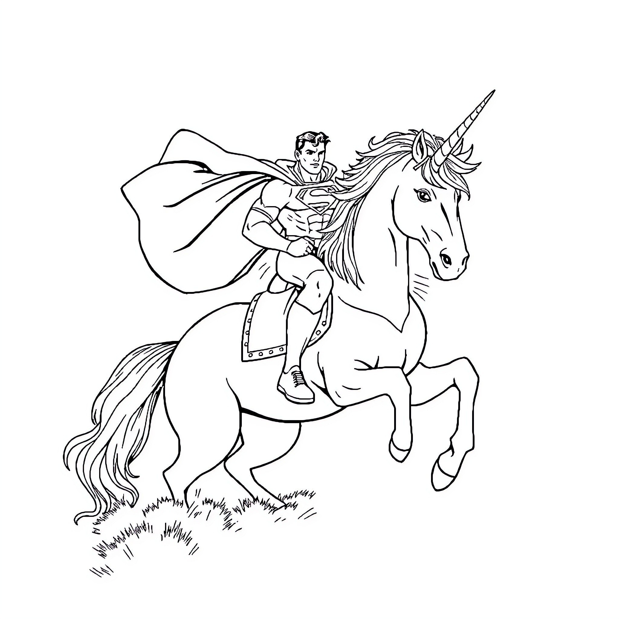 Superman riding a majestic unicorn Coloring Page (free black-and-white line drawing printable PDF for all, from beginners to advanced learners, including children, teens, adults, and seniors)
