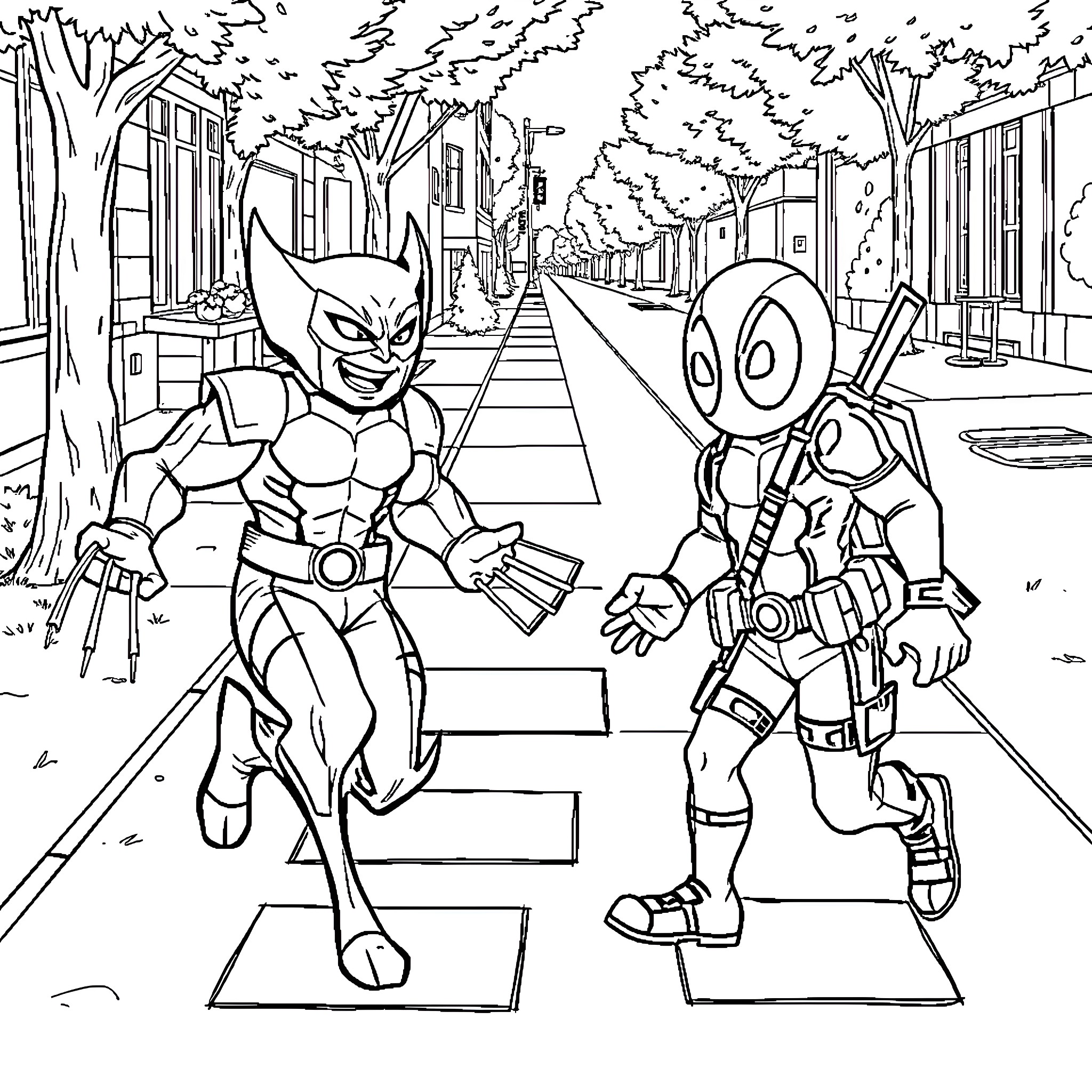 Wolverine and Deadpool Crossing Street in Animated Town Coloring Page (free black-and-white line drawing printable PDF for all, from beginners to advanced learners, including children, teens, adults, and seniors)