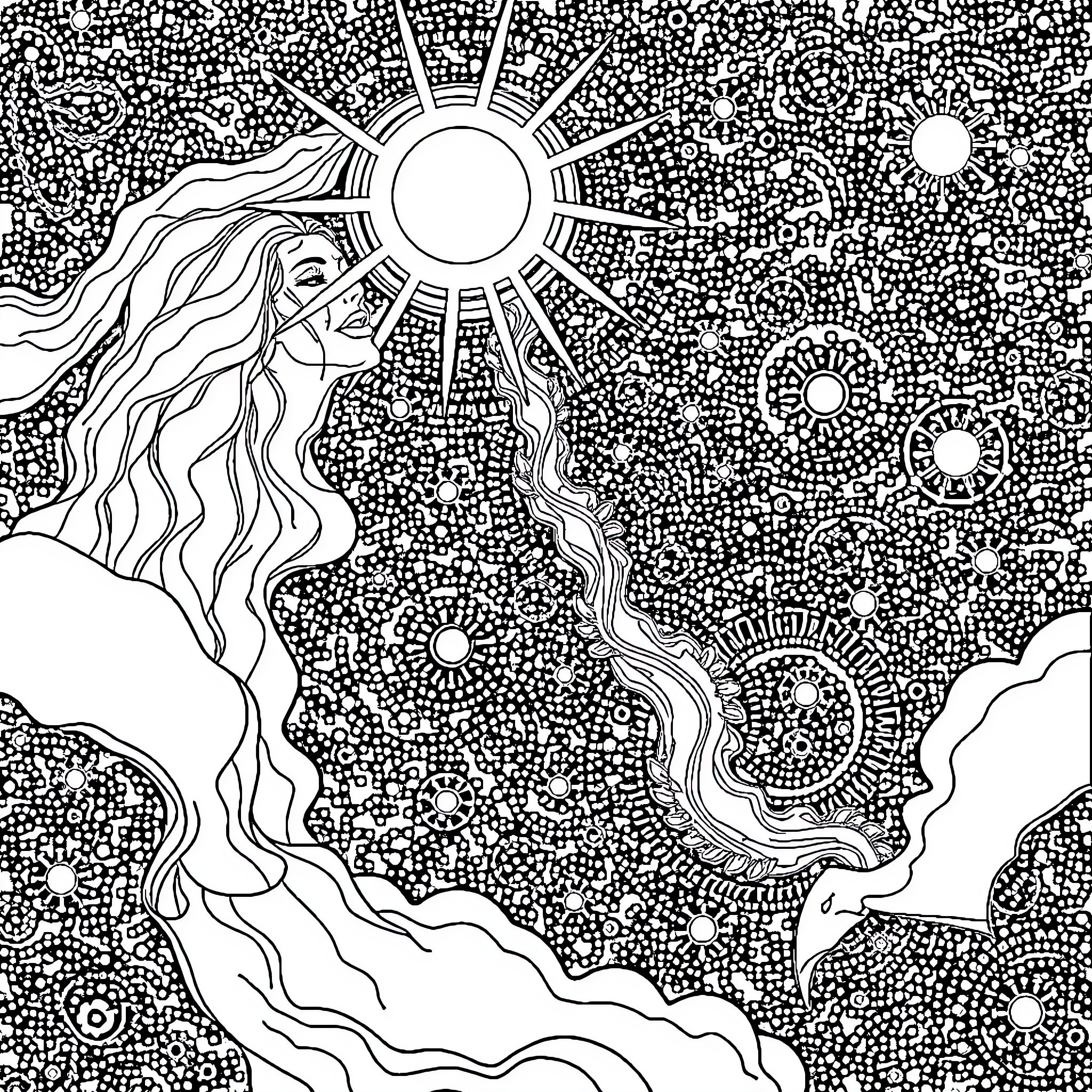 Rocket Soaring Through Celestial Landscape Coloring Page (free black-and-white line drawing printable PDF for all, from beginners to advanced learners, including children, teens, adults, and seniors)