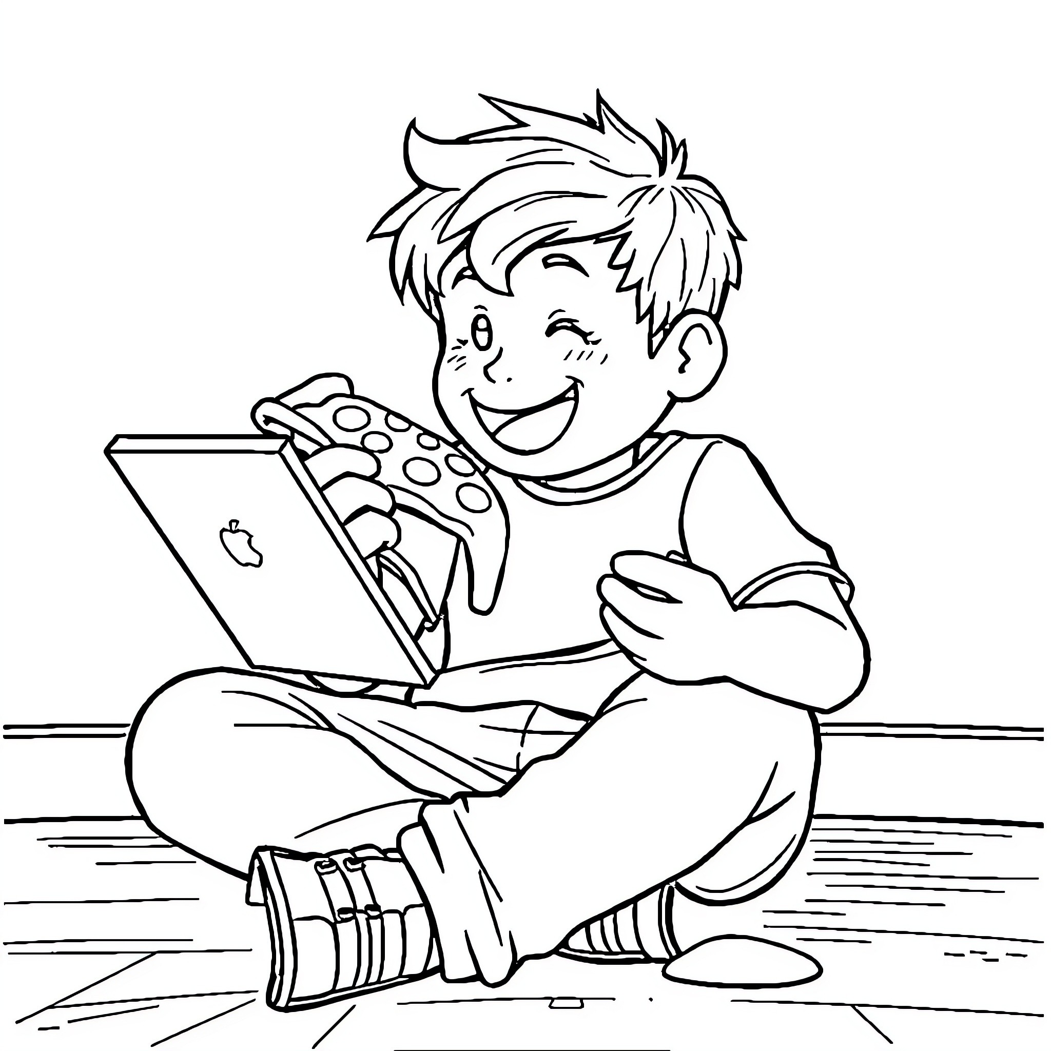 Kid happily playing video game on laptop Coloring Page (free black-and-white line drawing printable PDF for all, from beginners to advanced learners, including children, teens, adults, and seniors)