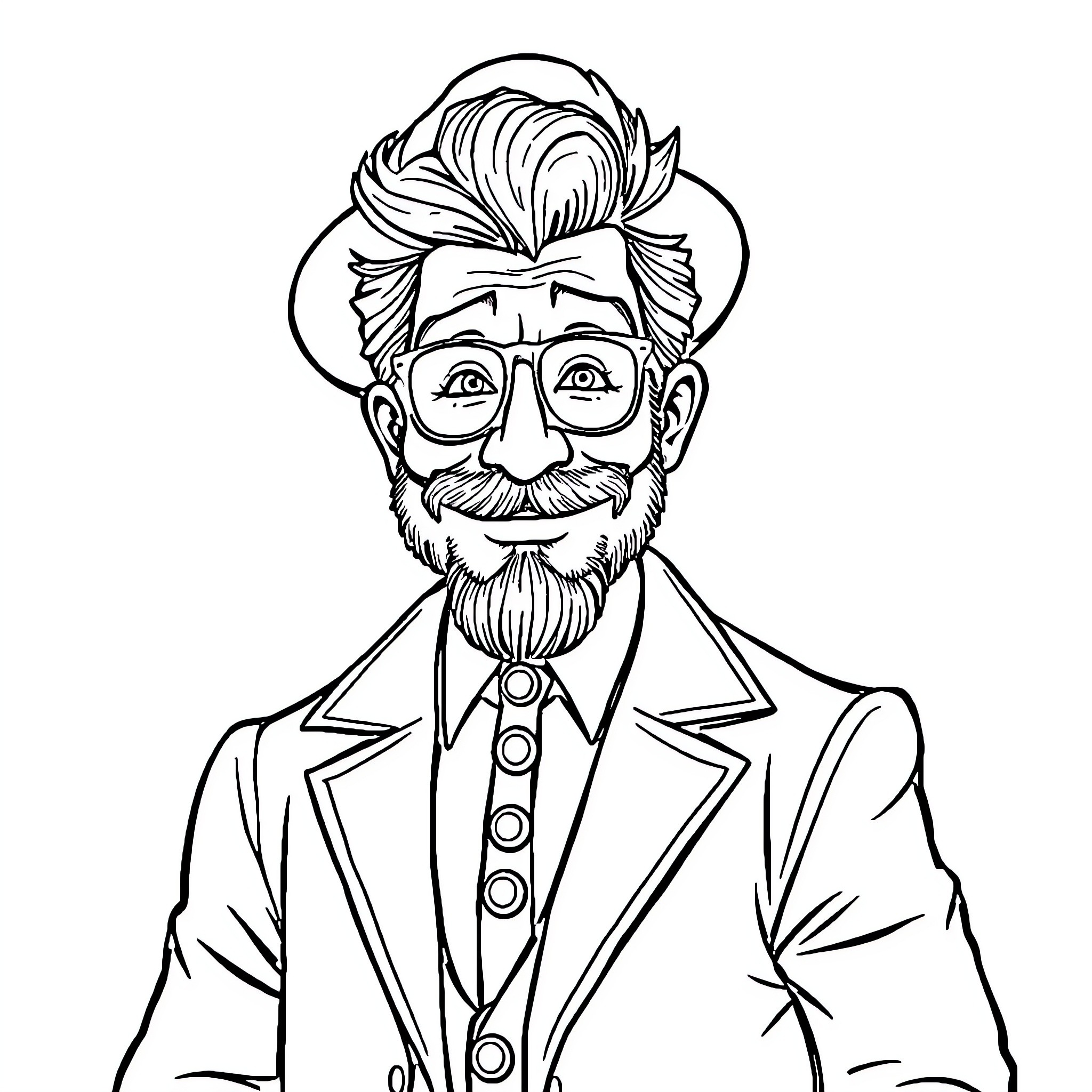 Clown with Whimsical Appearance and Facial Hair Coloring Page (free black-and-white line drawing printable PDF for all, from beginners to advanced learners, including children, teens, adults, and seniors)