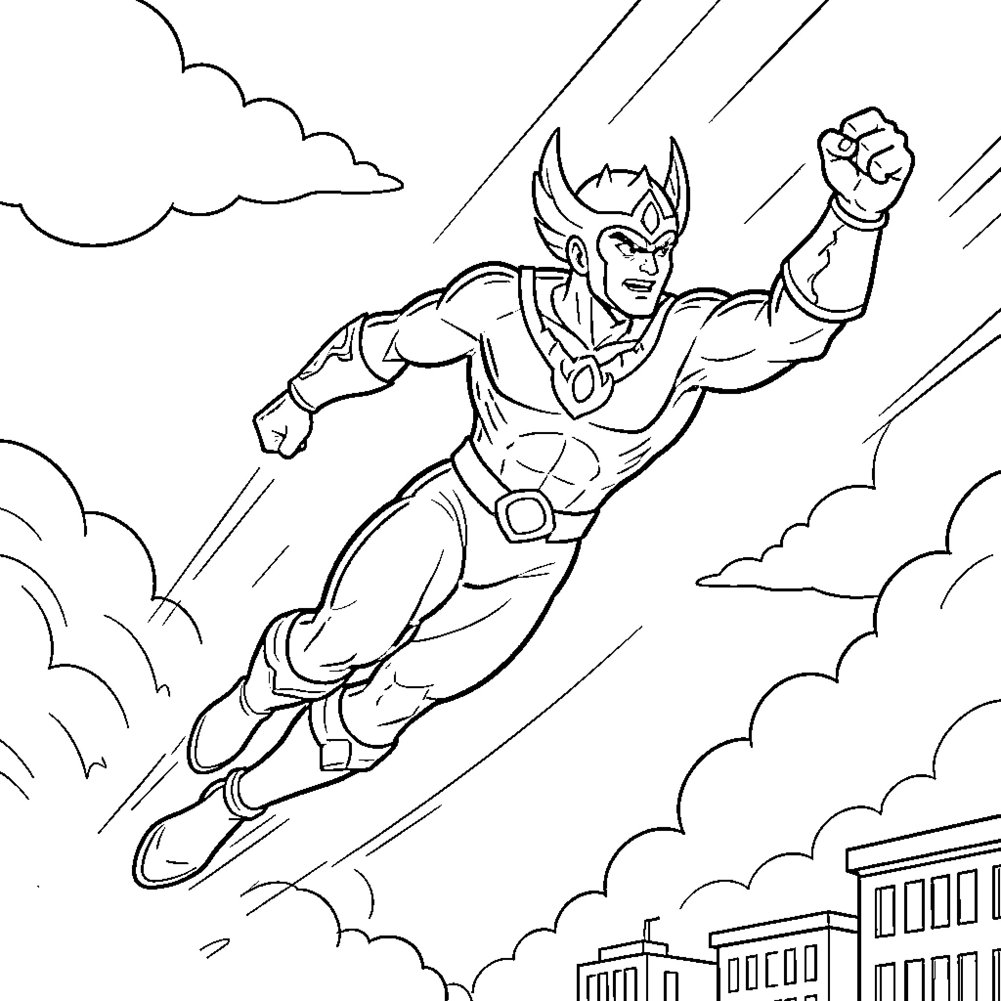Shaktimaan in heroic action pose Coloring Page (free black-and-white line drawing printable PDF for all, from beginners to advanced learners, including children, teens, adults, and seniors)