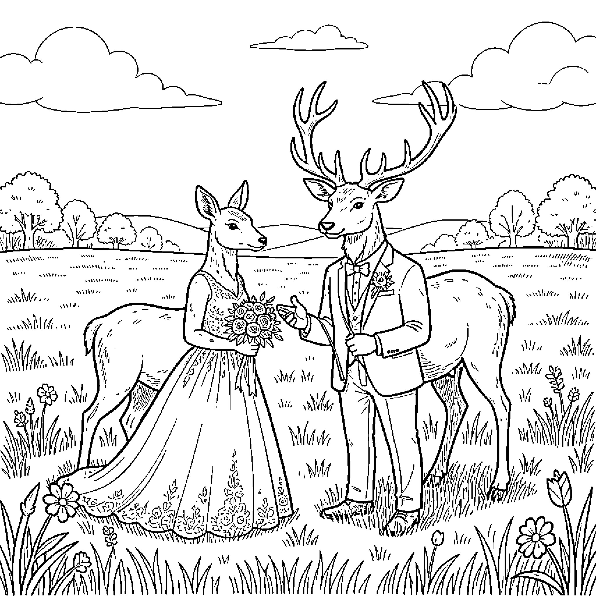 Deer wedding couple celebrating in a grassy field Coloring Page (free black-and-white line drawing printable PDF for all, from beginners to advanced learners, including children, teens, adults, and seniors)