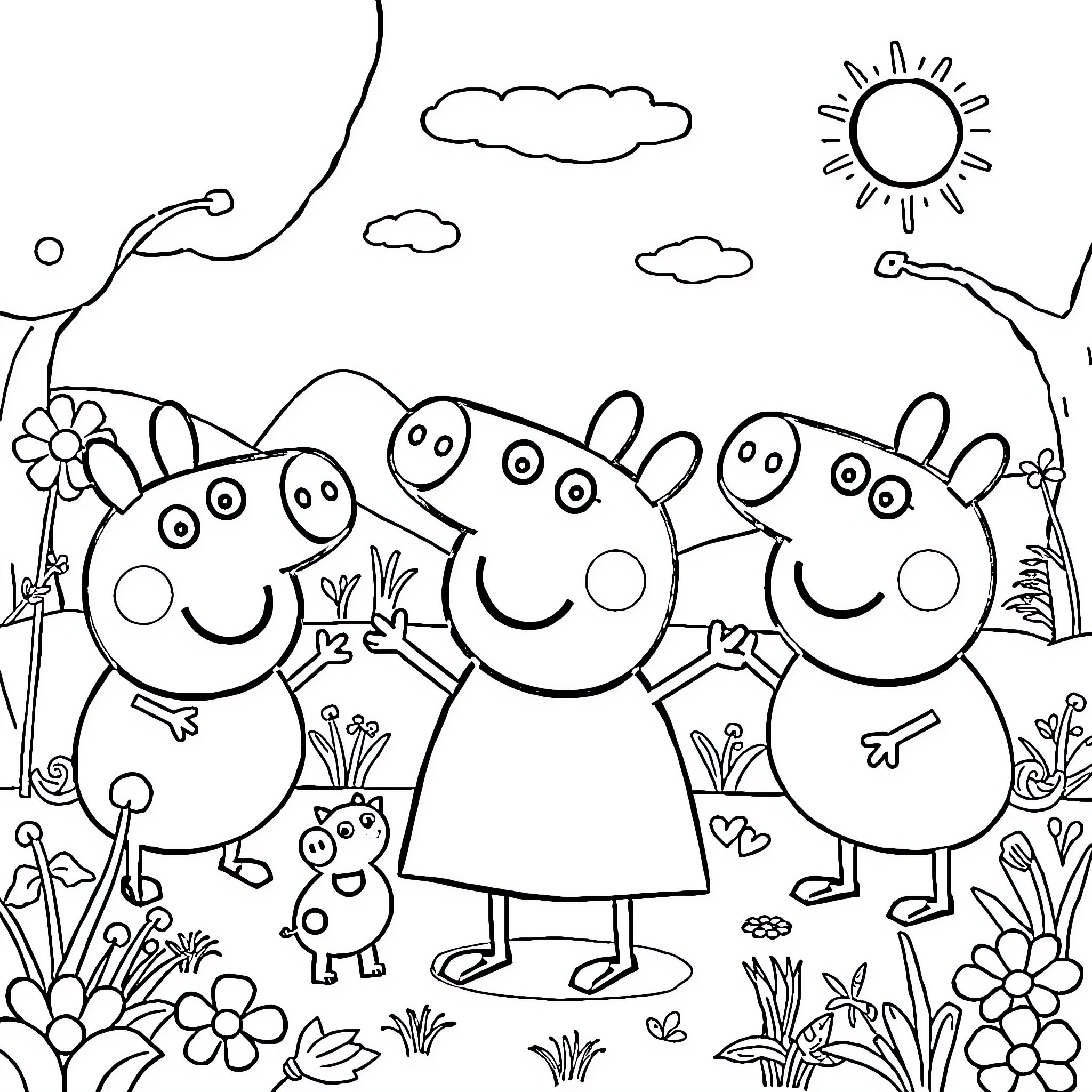 Peppa Pig and family enjoying a sunny day outdoors Coloring Page (free black-and-white line drawing printable PDF for all, from beginners to advanced learners, including children, teens, adults, and seniors)