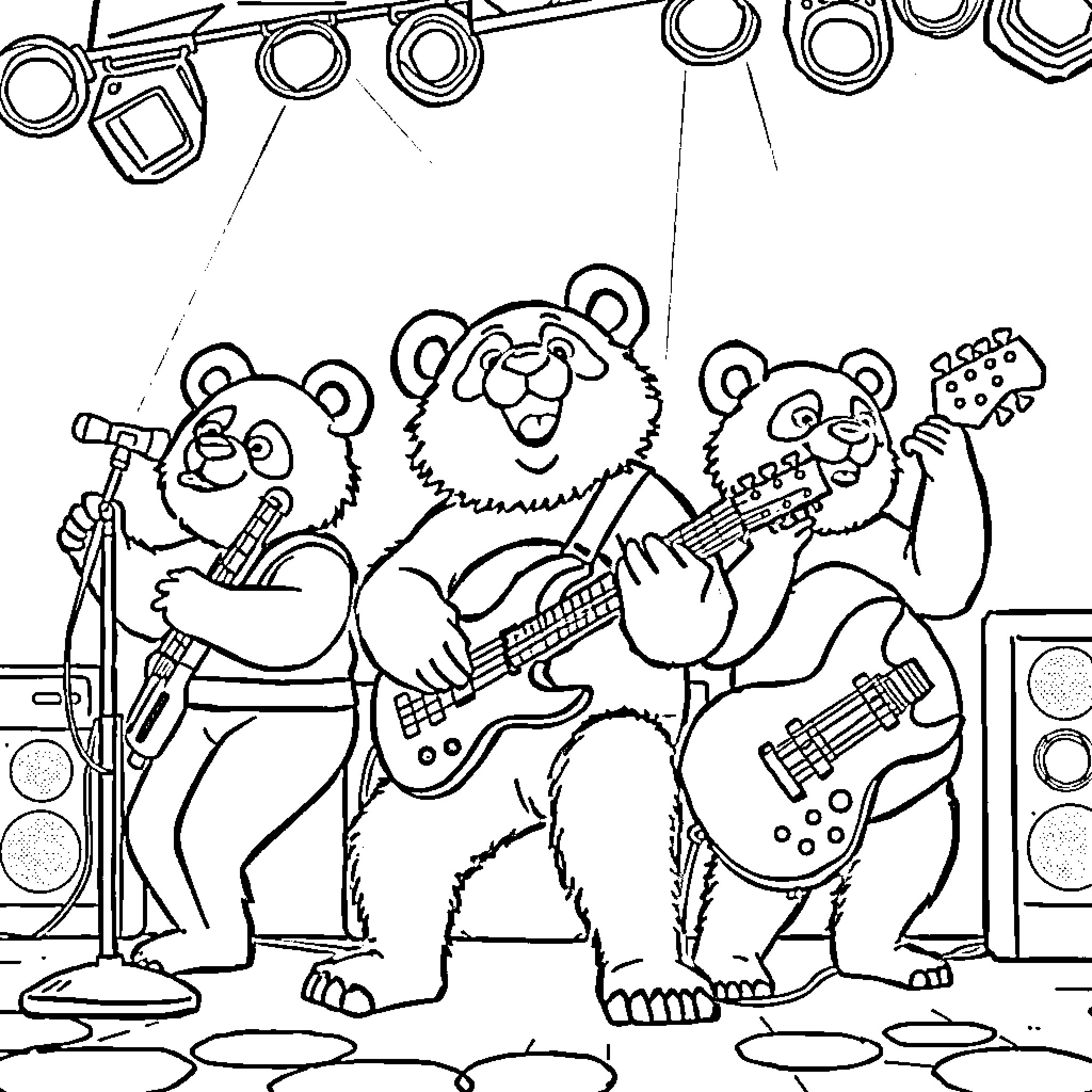 Panda Band Performing on Stage Coloring Page (free black-and-white line drawing printable PDF for all, from beginners to advanced learners, including children, teens, adults, and seniors)
