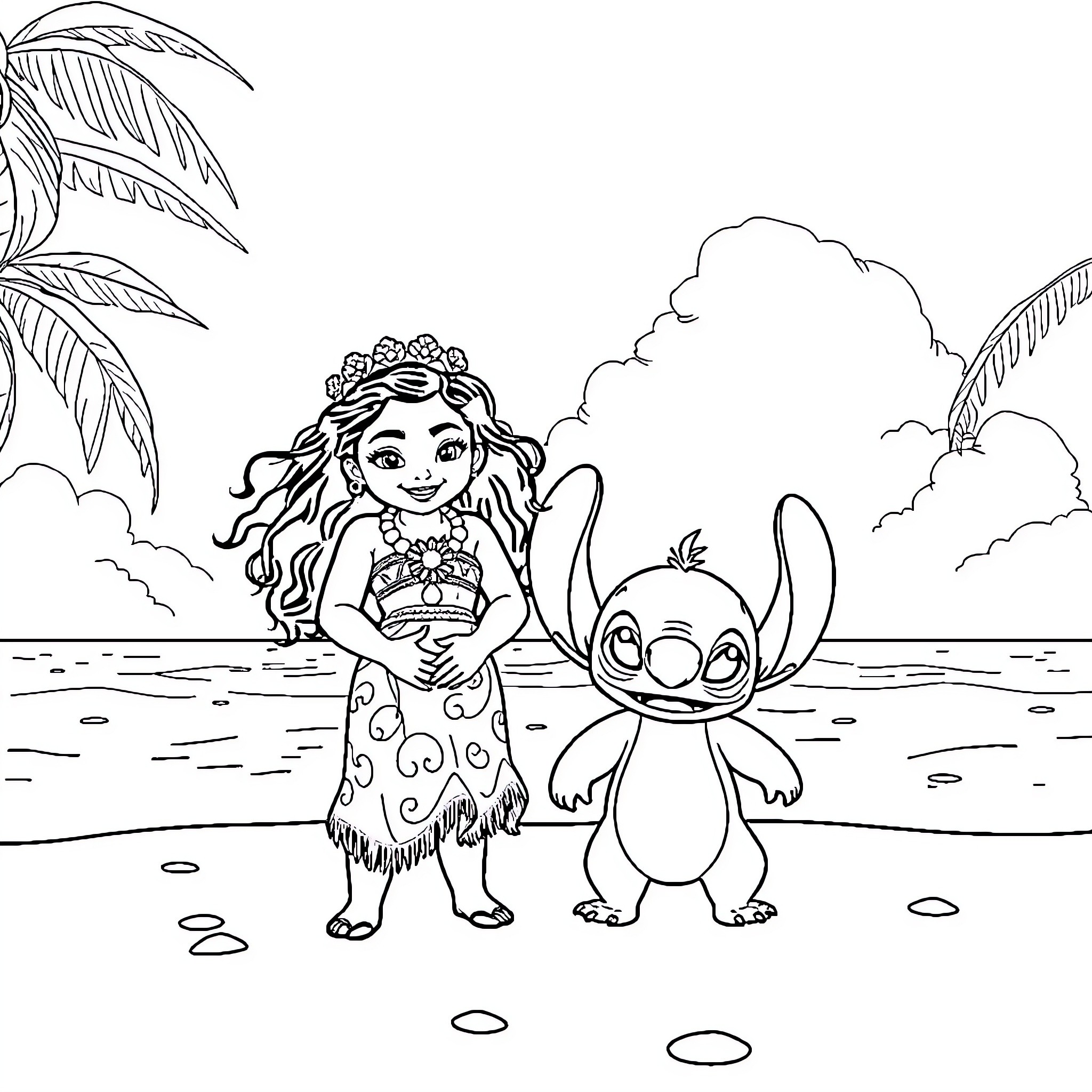Moana and Stitch enjoying the island paradise Coloring Page (free black-and-white line drawing printable PDF for all, from beginners to advanced learners, including children, teens, adults, and seniors)