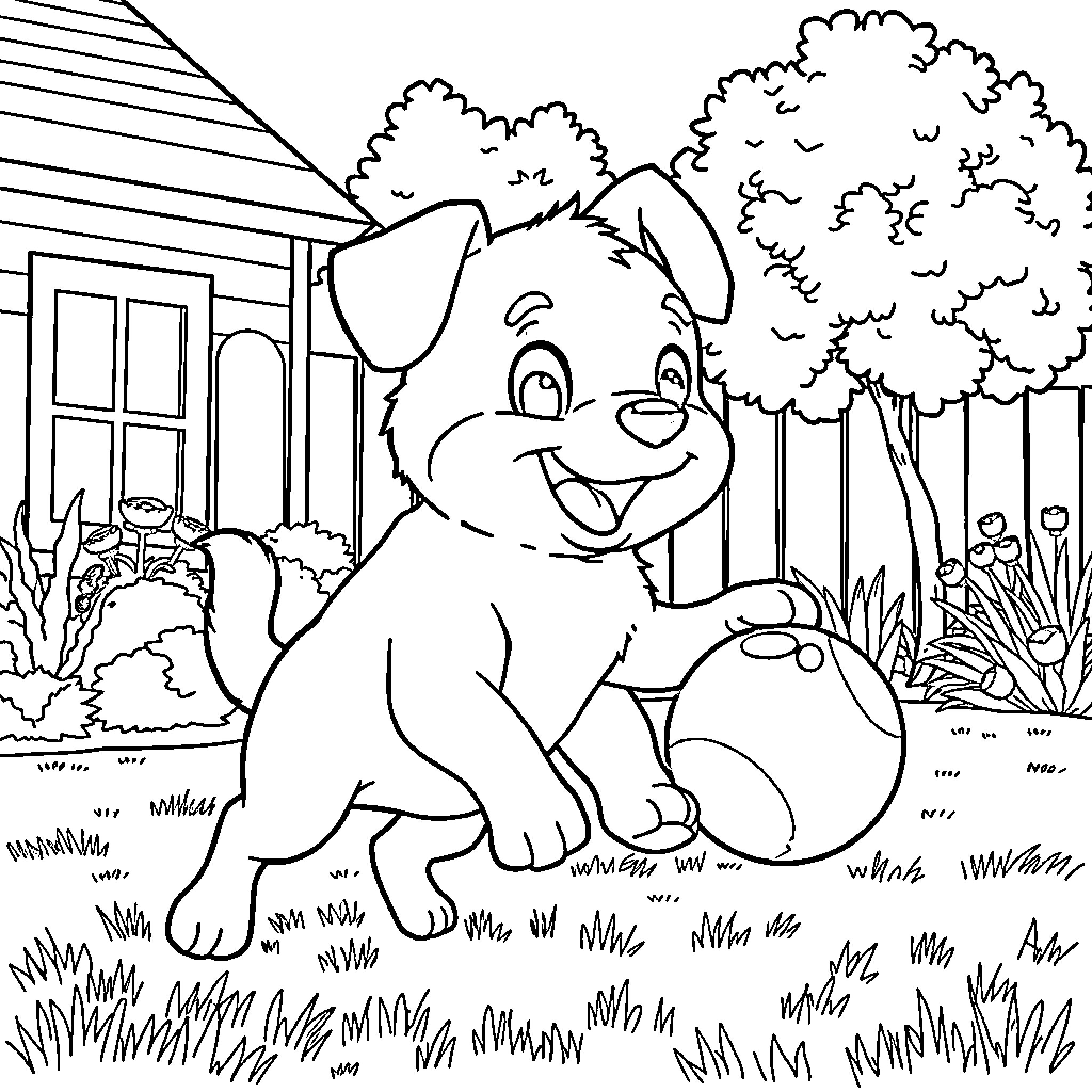 Bluey playing happily in the backyard Coloring Page (free black-and-white line drawing printable PDF for all, from beginners to advanced learners, including children, teens, adults, and seniors)