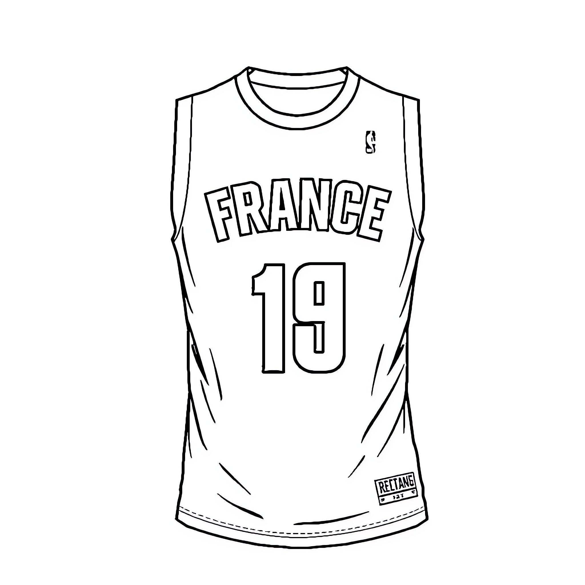 Basketball Jersey with France Text and Number 19 Coloring Page (free black-and-white line drawing printable PDF for all, from beginners to advanced learners, including children, teens, adults, and seniors)