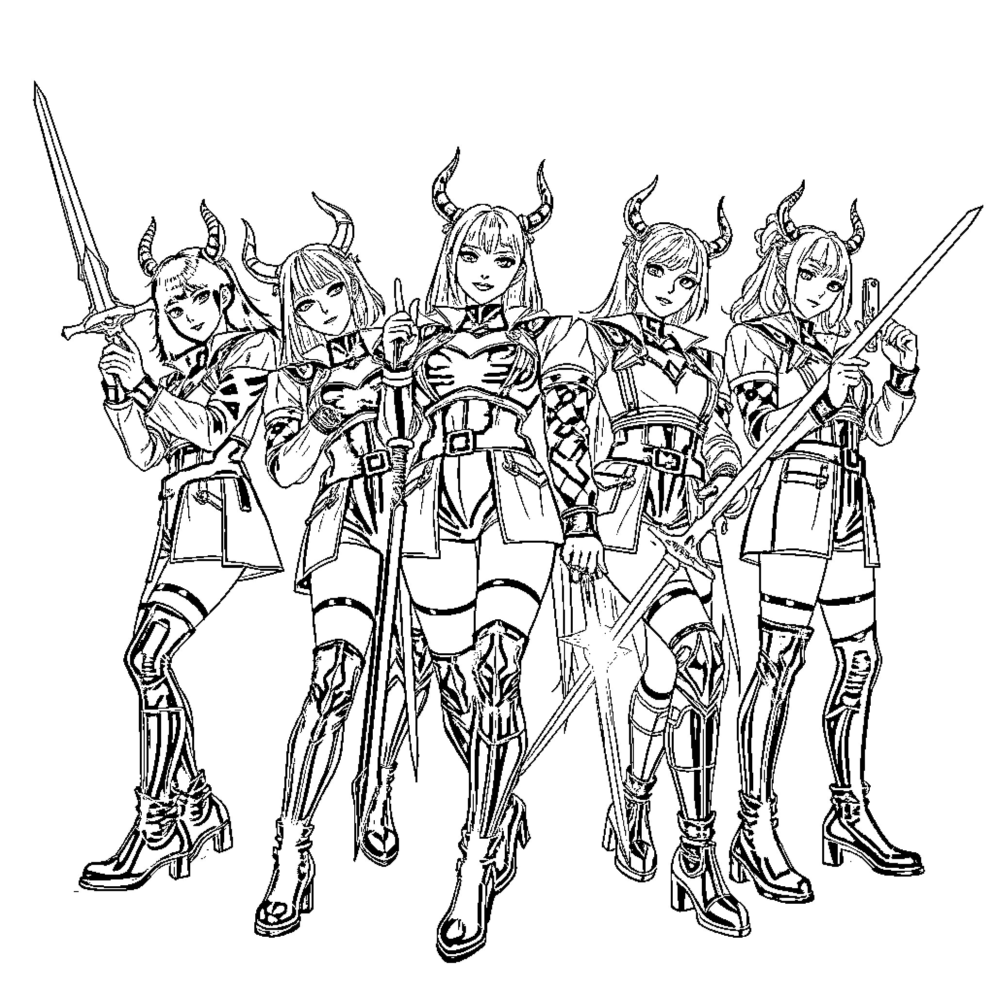 HUNTR/X Heroic Warriors Marching in Formation Coloring Page (free black-and-white line drawing printable PDF for all, from beginners to advanced learners, including children, teens, adults, and seniors)