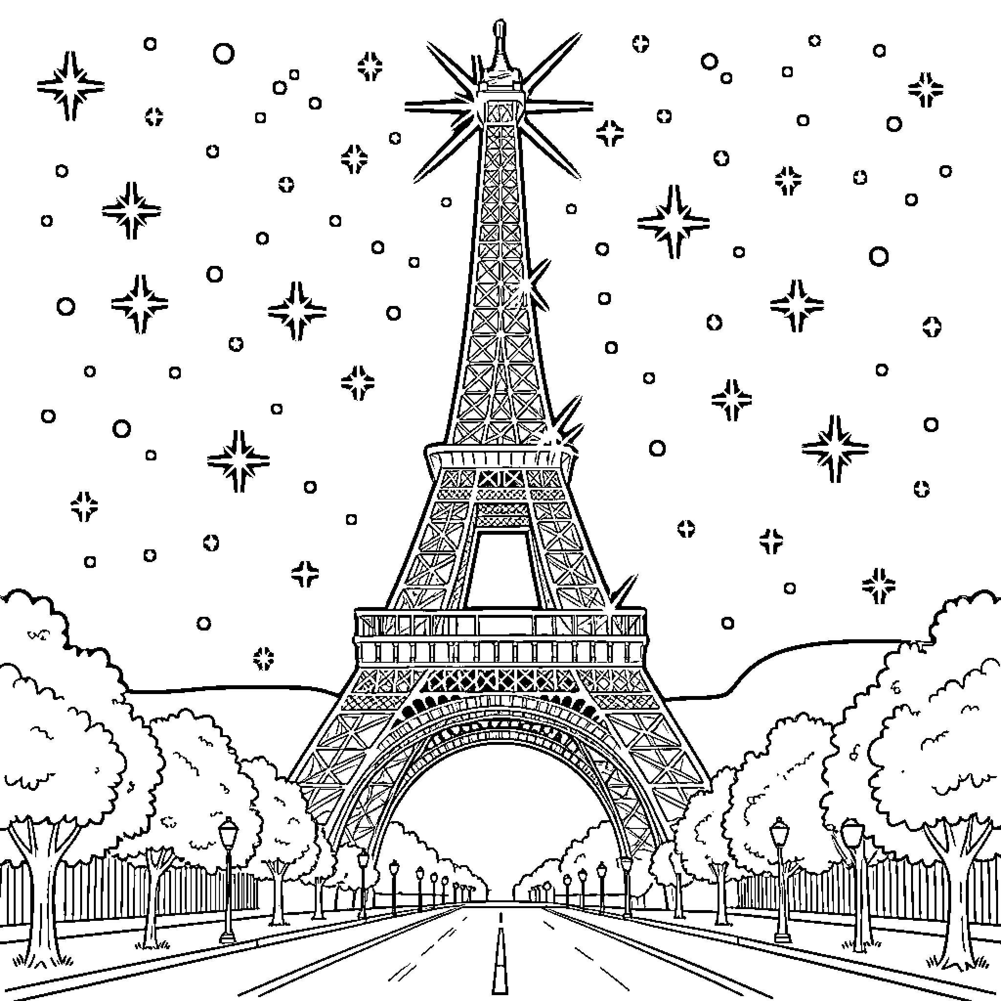 Eiffel Tower standing majestically under a starry sky Coloring Page (free black-and-white line drawing printable PDF for all, from beginners to advanced learners, including children, teens, adults, and seniors)