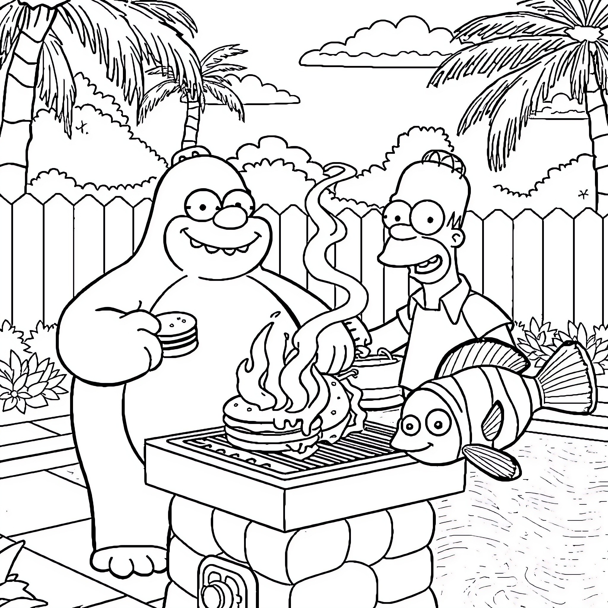 Snorlax enjoying a tropical barbecue with friends Coloring Page (free black-and-white line drawing printable PDF for all, from beginners to advanced learners, including children, teens, adults, and seniors)